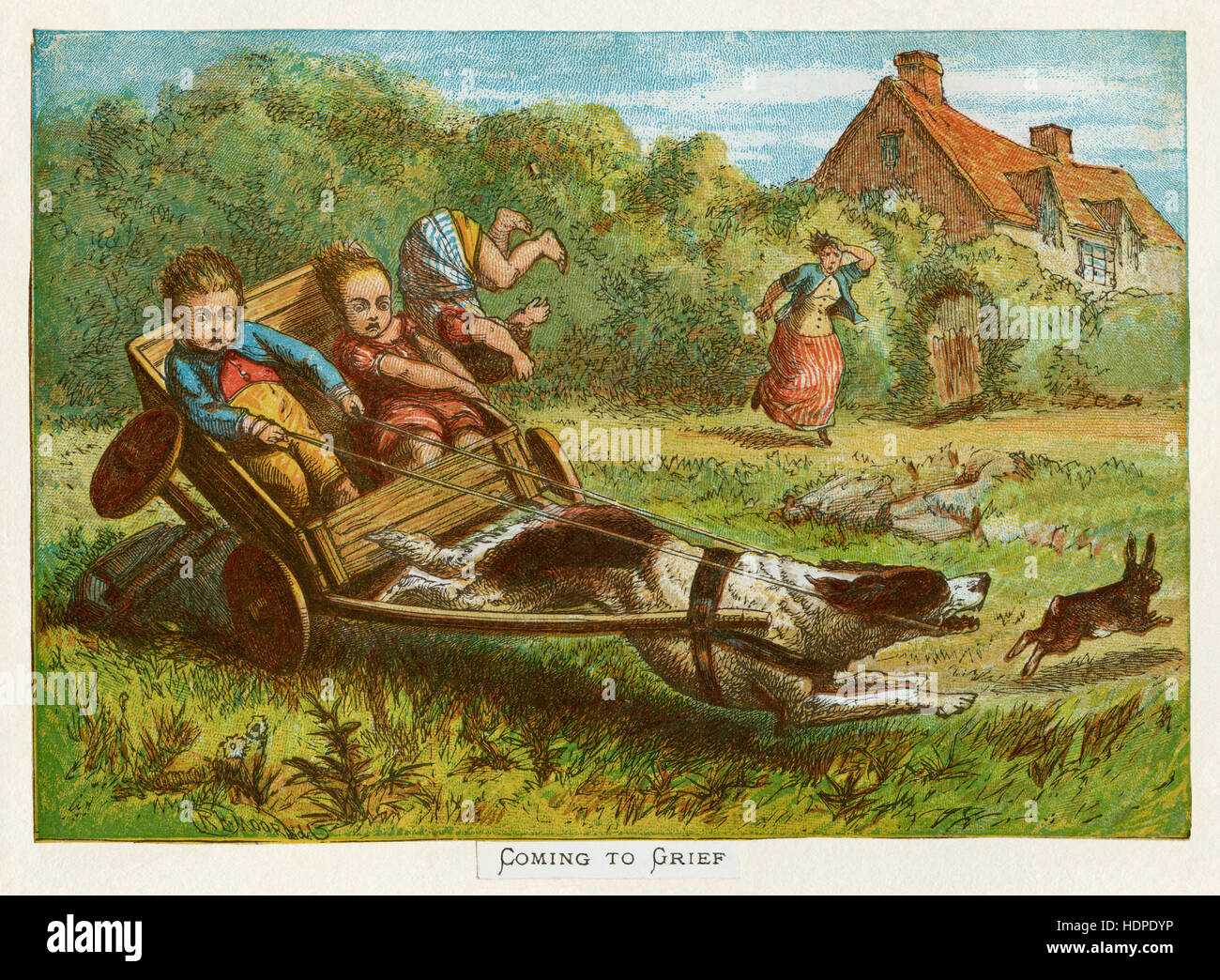 Victorian illustration of an accident on a dog-pulled soapbox or billy cart entitled ‘Coming to Grief’, c.1880 Stock Photo