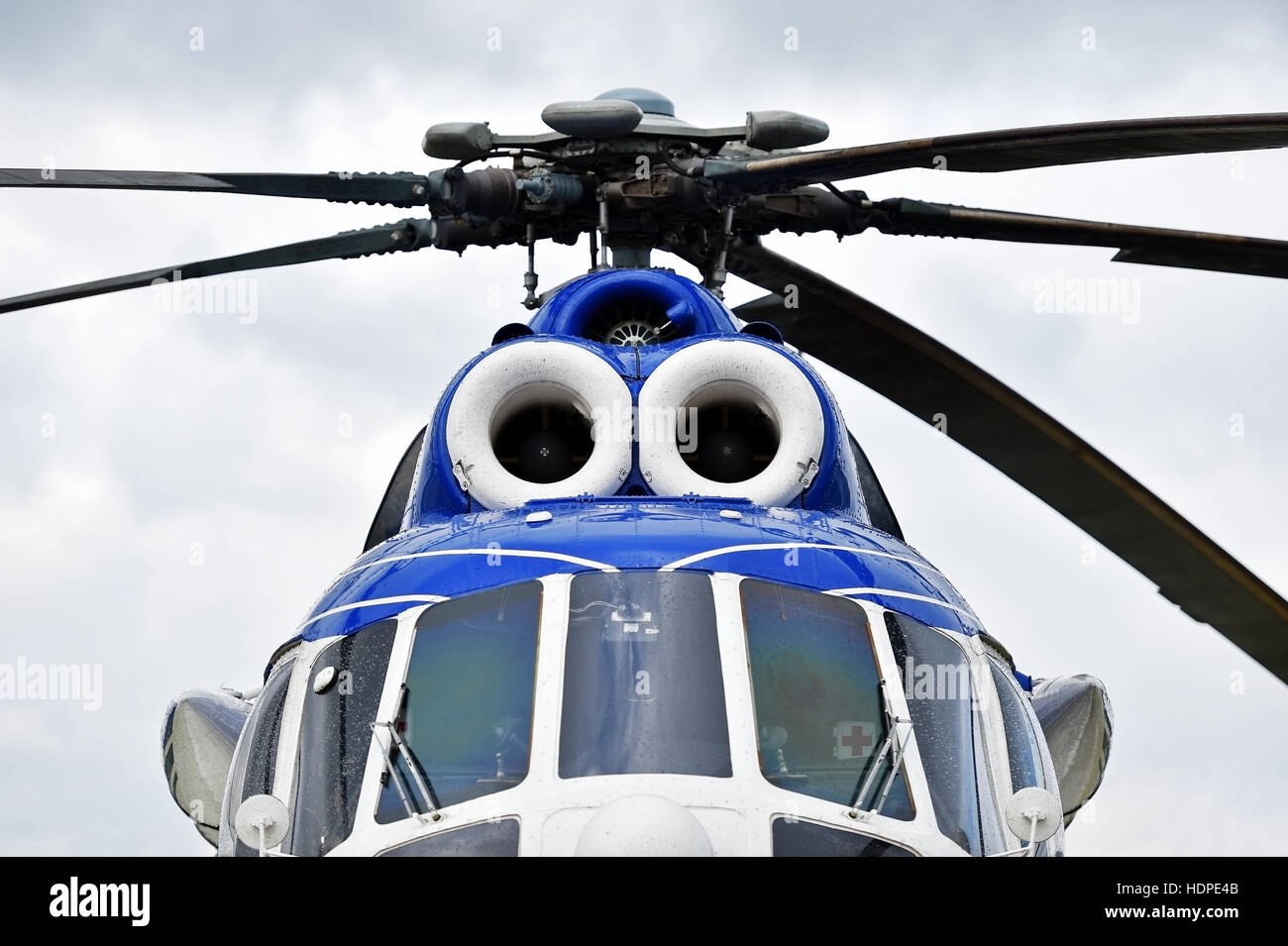Detail with helicopter fuselage and rotor blade system Stock Photo