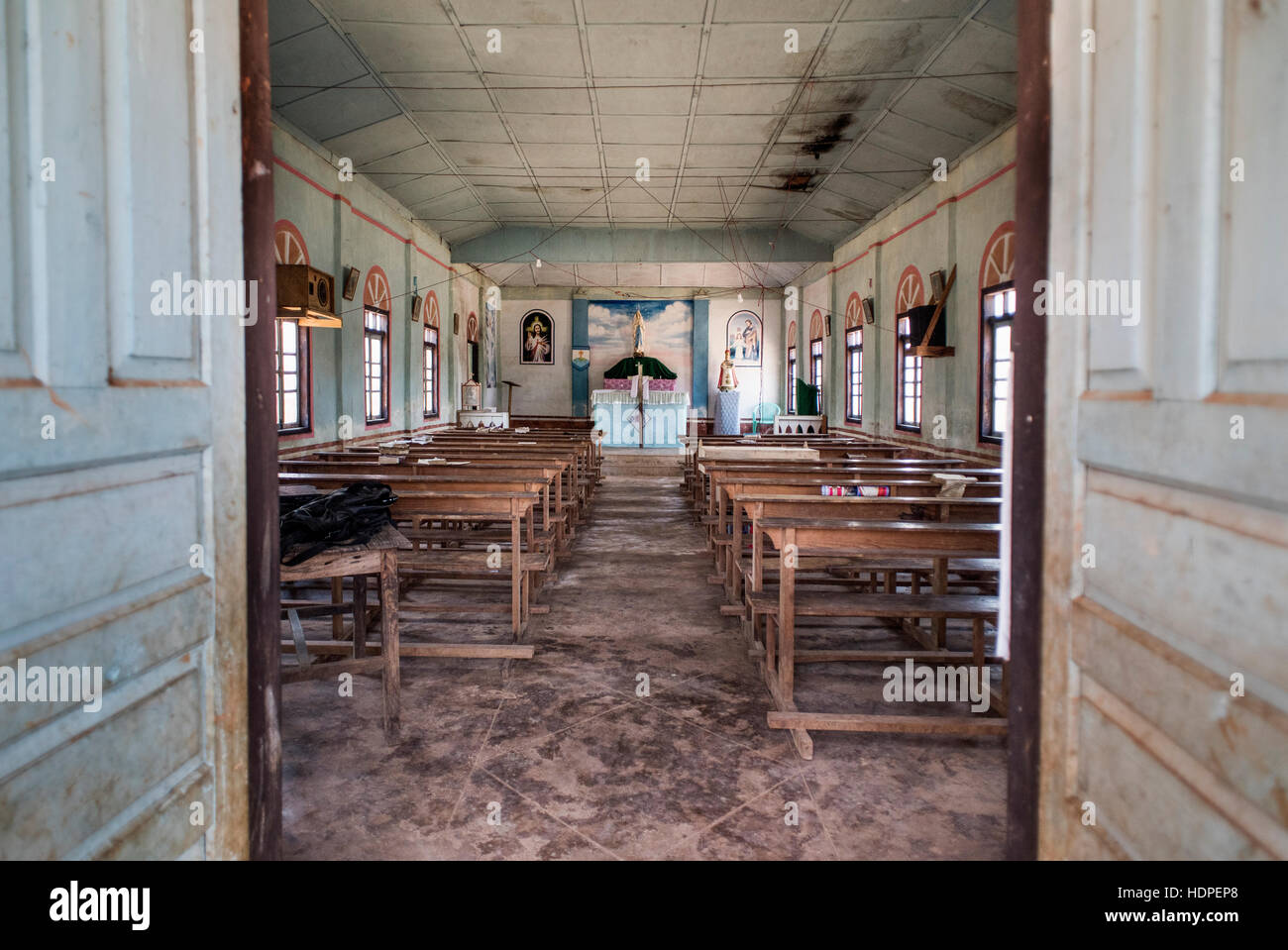 View of the interior of an empty Catholic church in the remote village of the Kayah State, Myanmar. Stock Photo