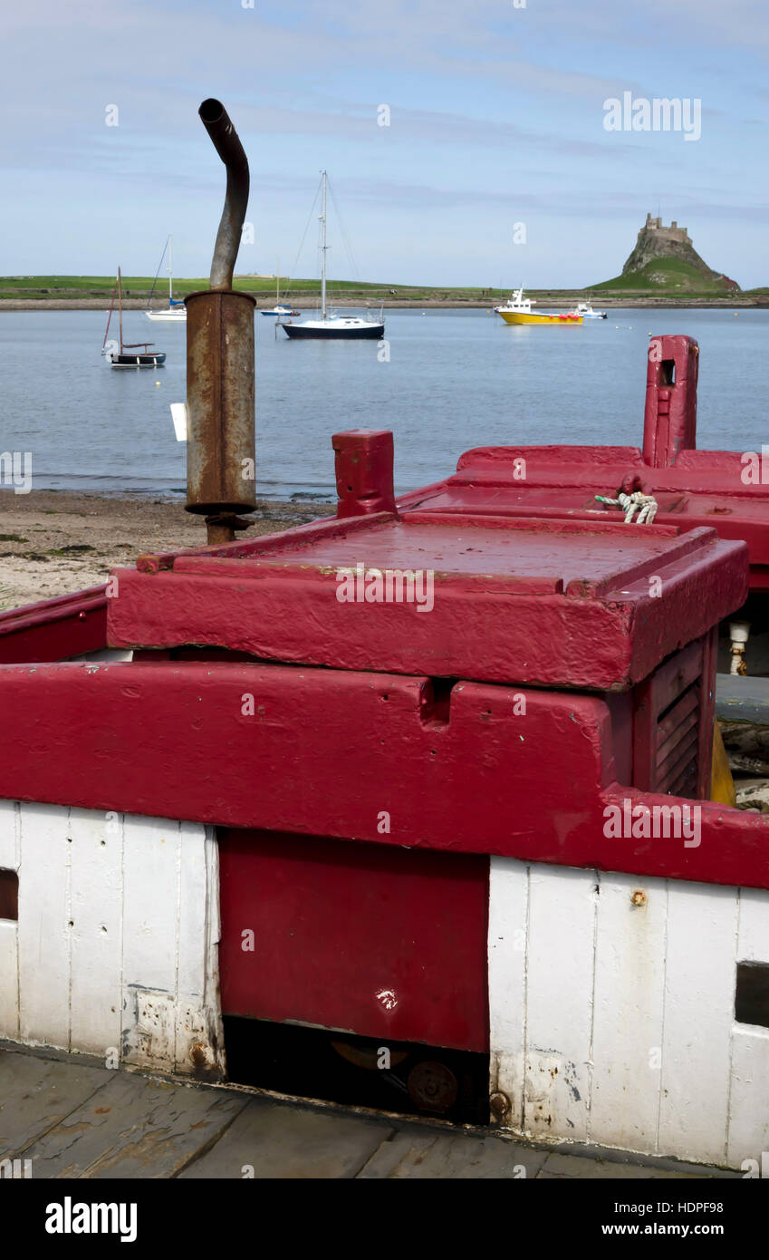 Engine compartment on a boat near Lindisfarne (Holy Island) harbour in