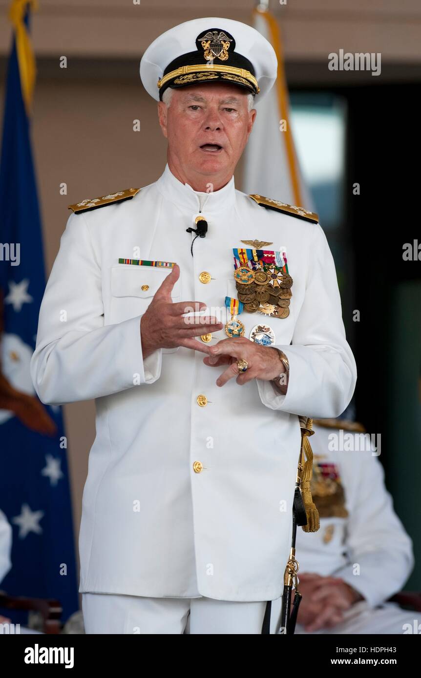 U.S. Pacific Command commander Timothy Keating speaks at the PACOM change-of-command ceremony at Camp H. M. Smith October 19, 2009 in Halawa Heights, Hawaii. Stock Photo