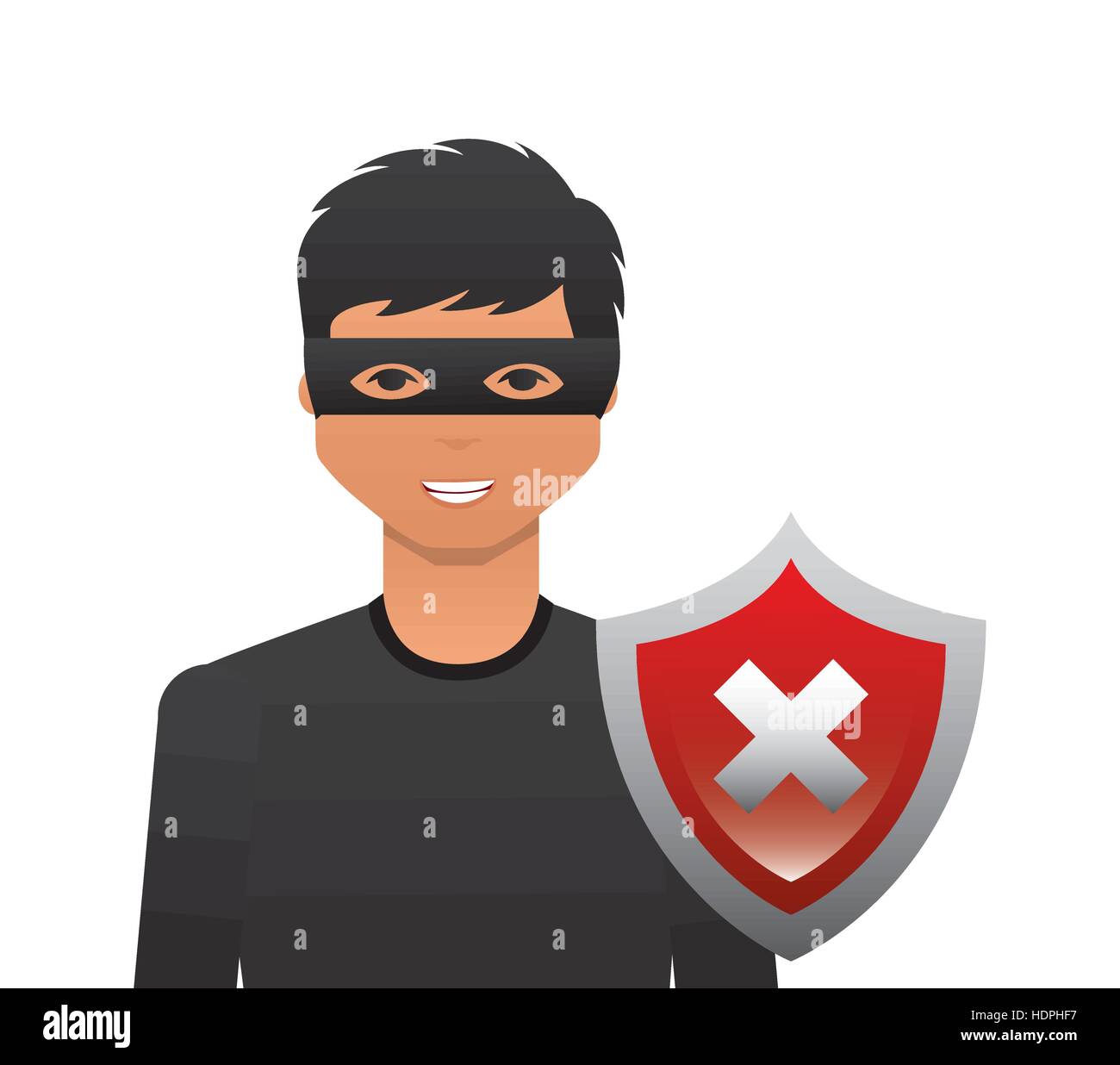 cartoon hacker man with wrong shield icon over white background. cyber ...
