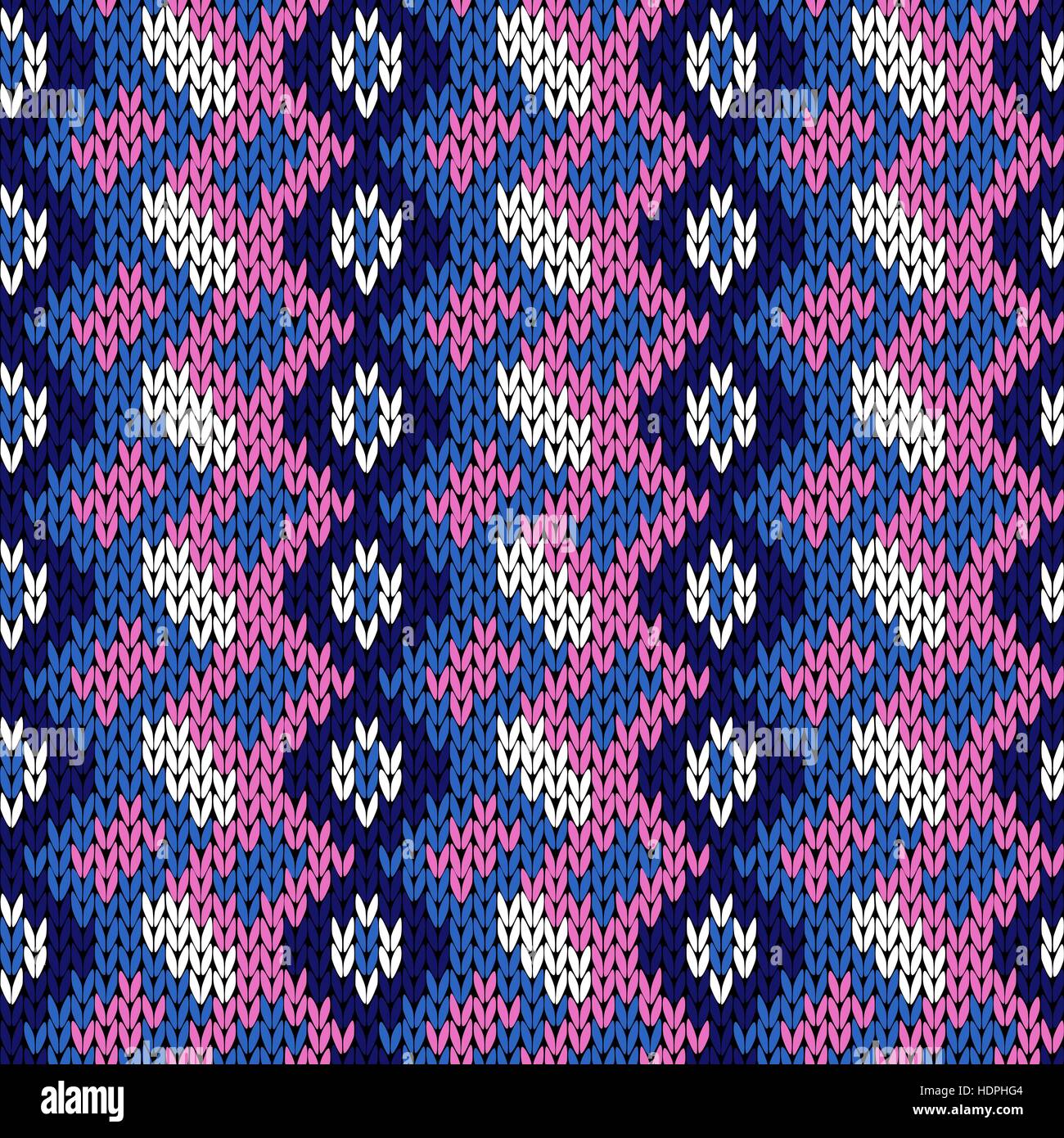 Knitted background with vertical ornate rows in blue, white and light ...