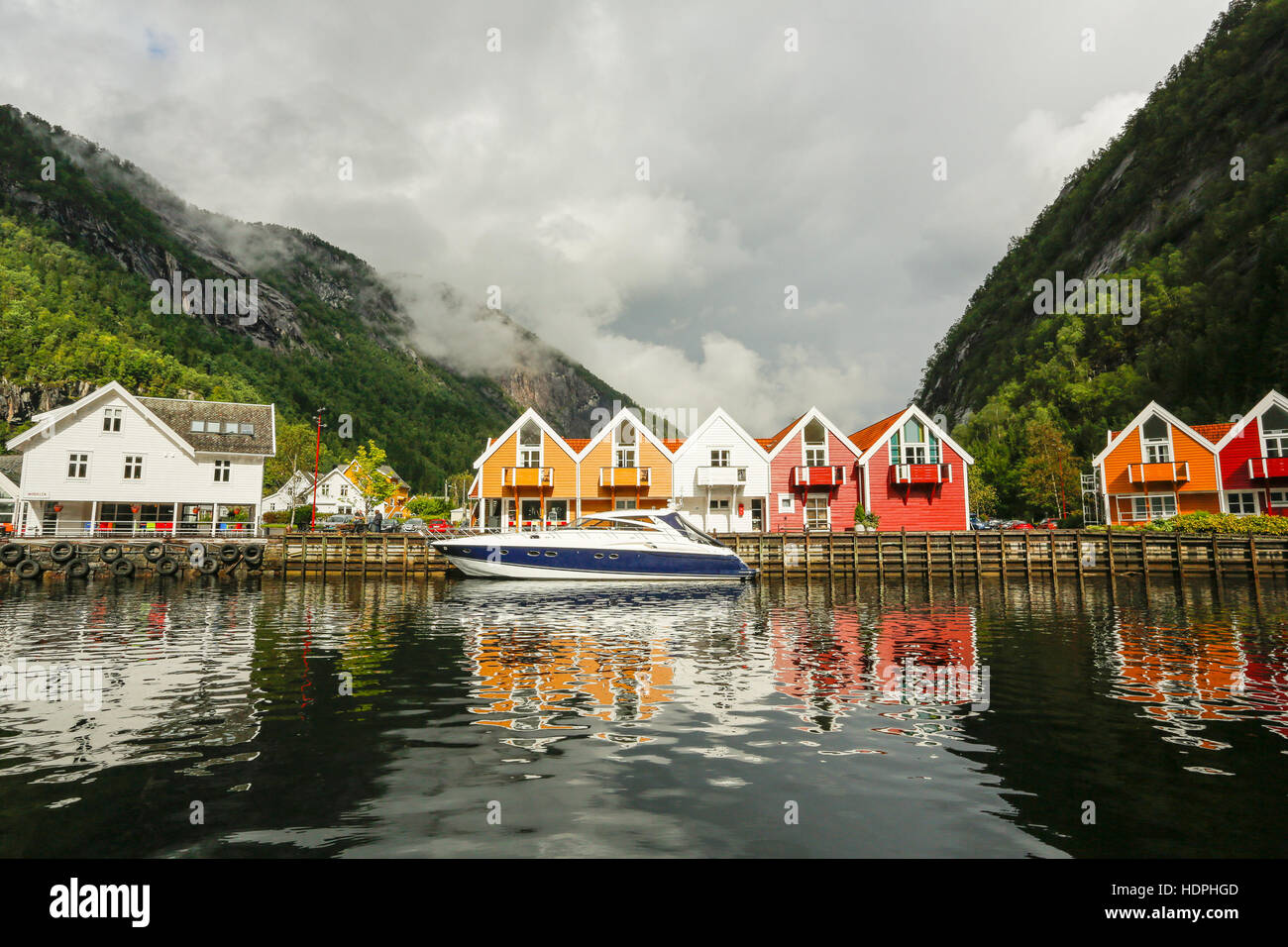 Modalen village. Small village located in mountains near fjord. Norway ...