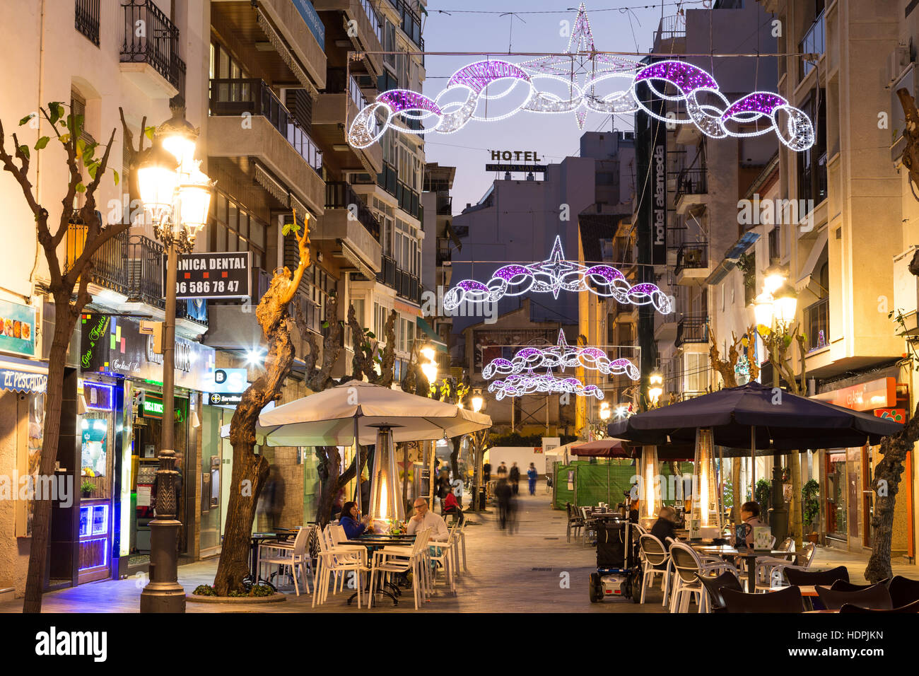Christmas decorations in Benidorm, dusk Stock Photo Alamy