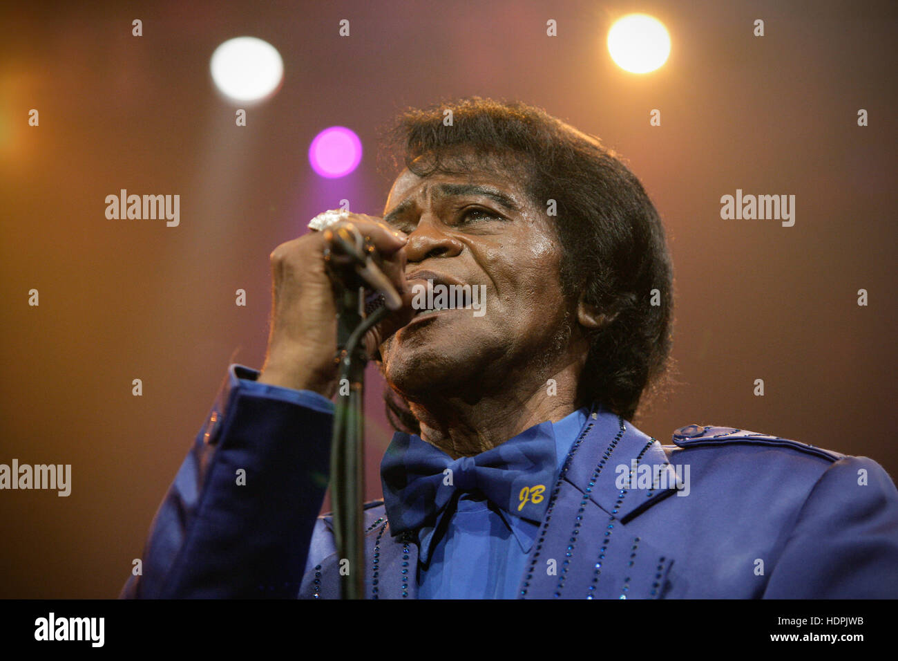 Close up image of James Brown performing on stage with his band in London in 2006 Stock Photo