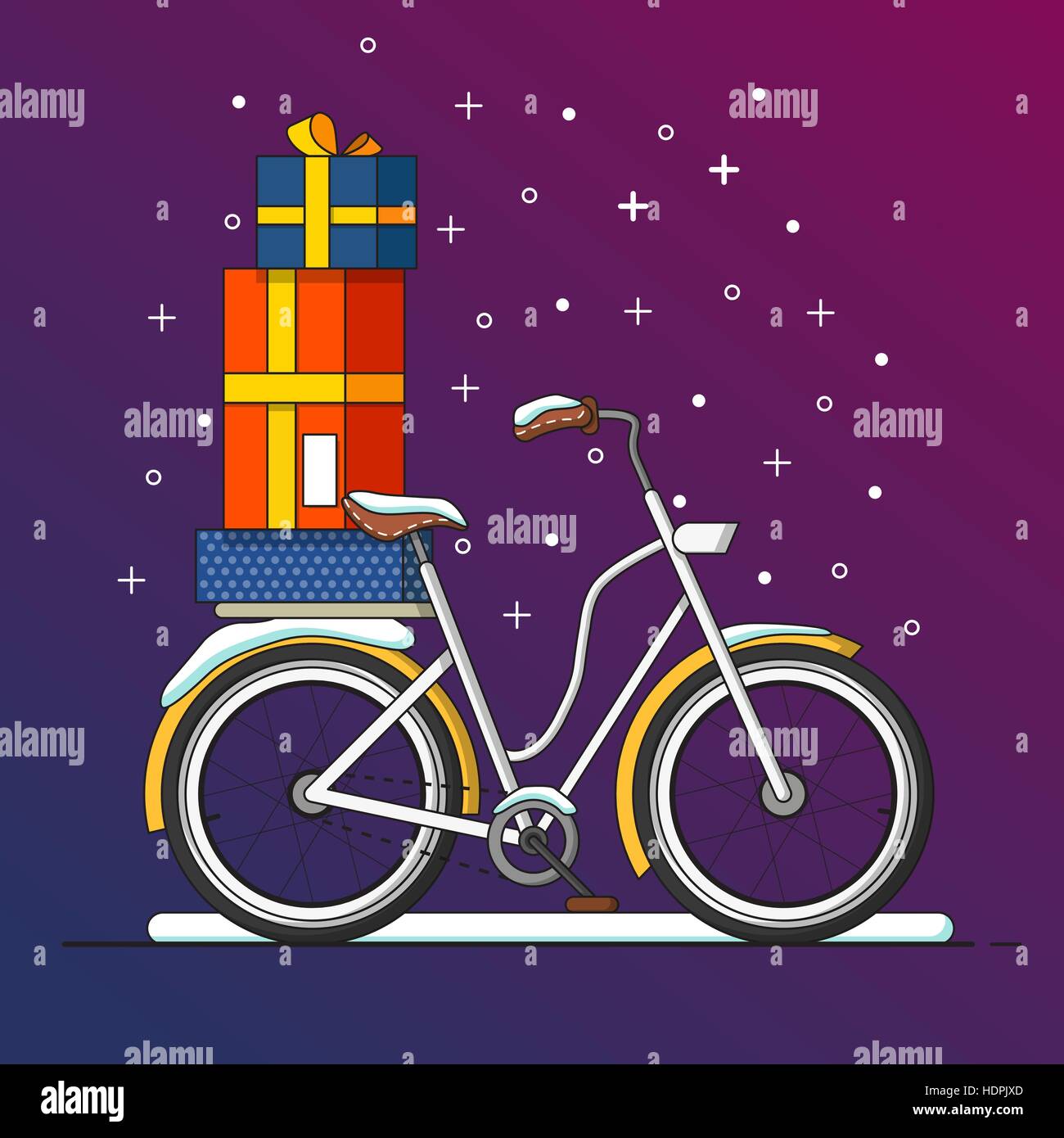 Bicicyle with Christmas gifts. Flat design vector illustration. Stock Vector