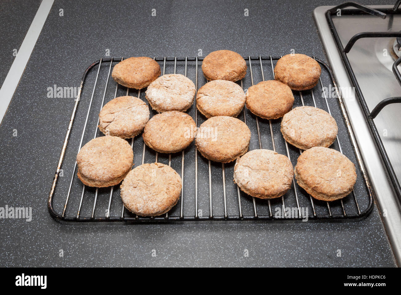 Homemade biscuits or cookies in a kitchen cooling on a rack after baking Stock Photo