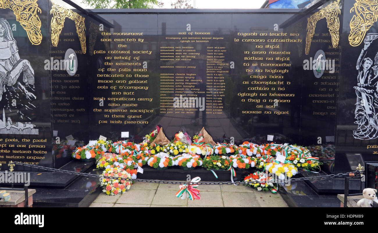 Flowers left in Irish colours, Falls rd,Garden of remembrance, IRA members killed,also deceased ex-prisoners,West Belfast,NI, UK Stock Photo
