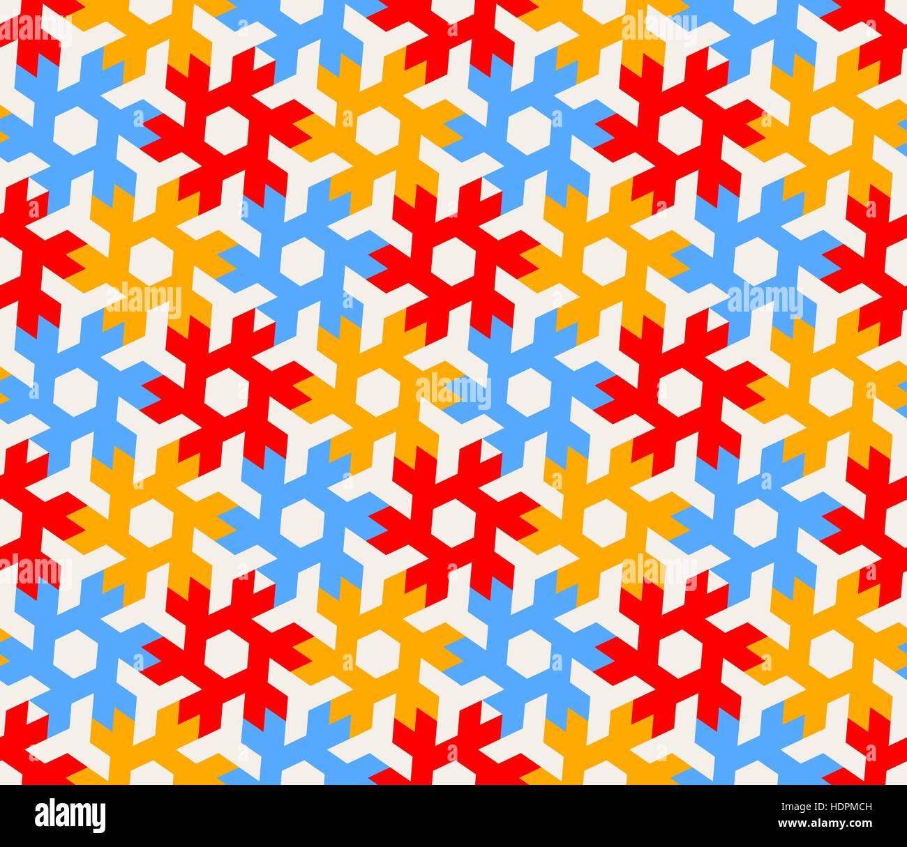 Vector Seamless Geometric Hexagonal Red Blue Yellow Shapes Tiling  on White Background Pattern Stock Vector