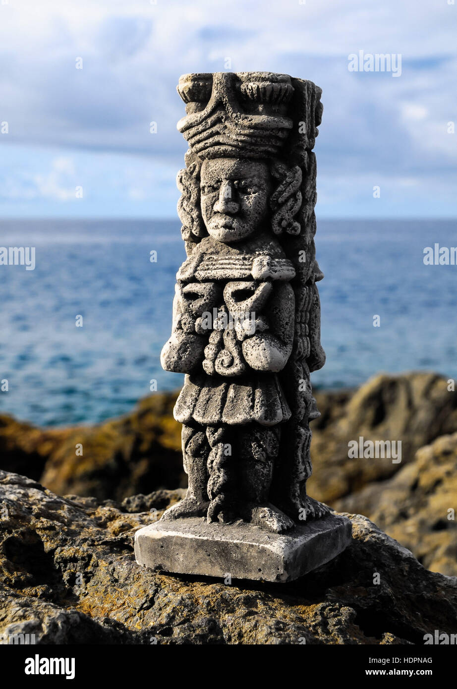 Ancient Maya Statue on the Rocks near Ocean Stock Photo Alamy