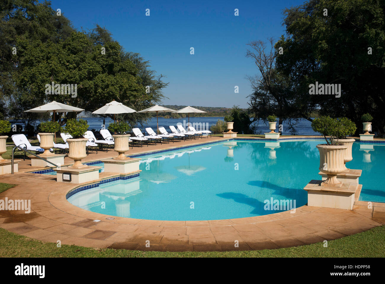 Royal Livingstone Hotel swimming pool. At The Royal Livingstone Hotel, you can expect nothing less than the best service. The aim is to exceed your ex Stock Photo