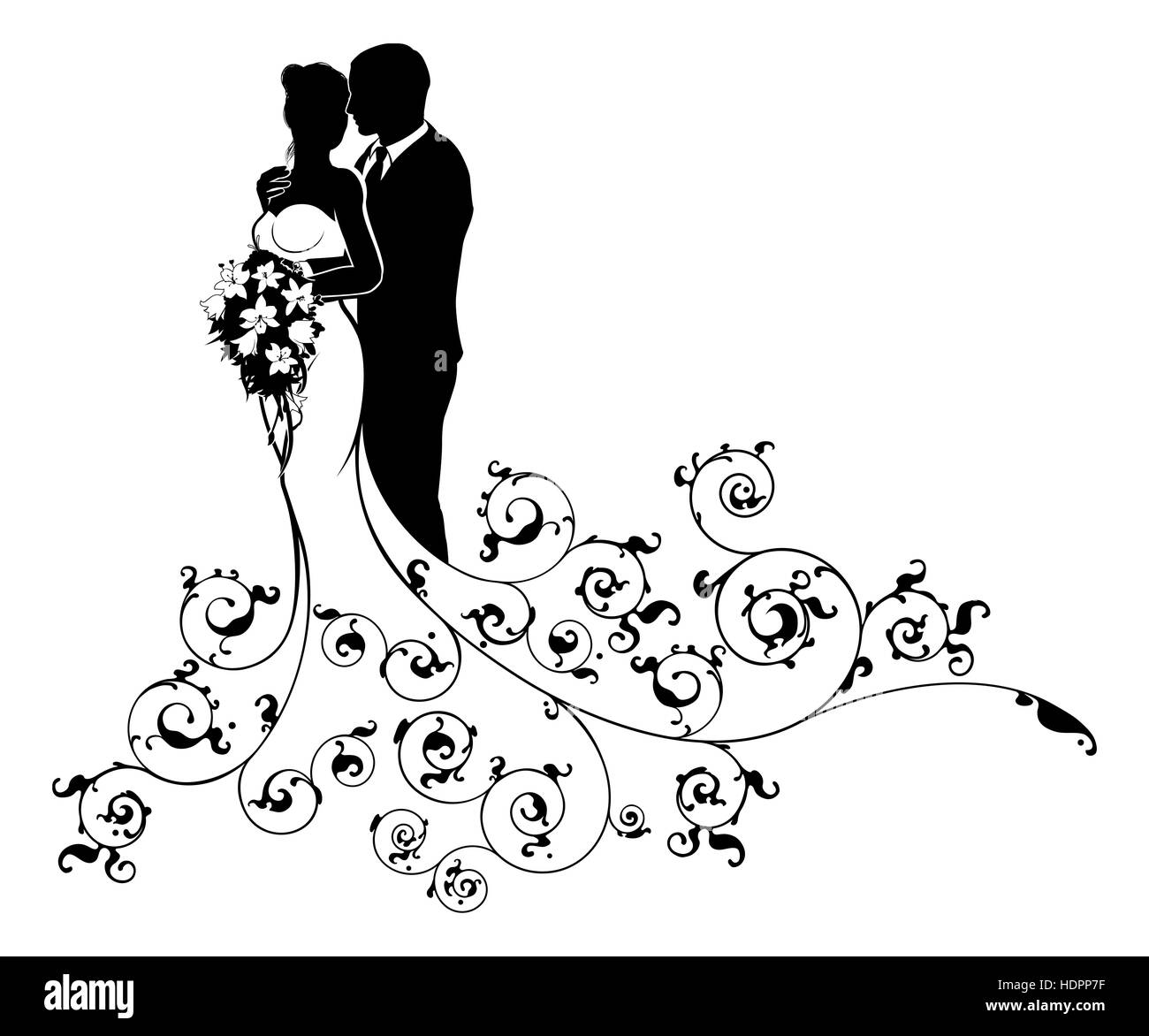 A bride and groom wedding couple in silhouette with a white bridal dress gown holding a floral bouquet of flowers and an abstract floral pattern conce Stock Photo