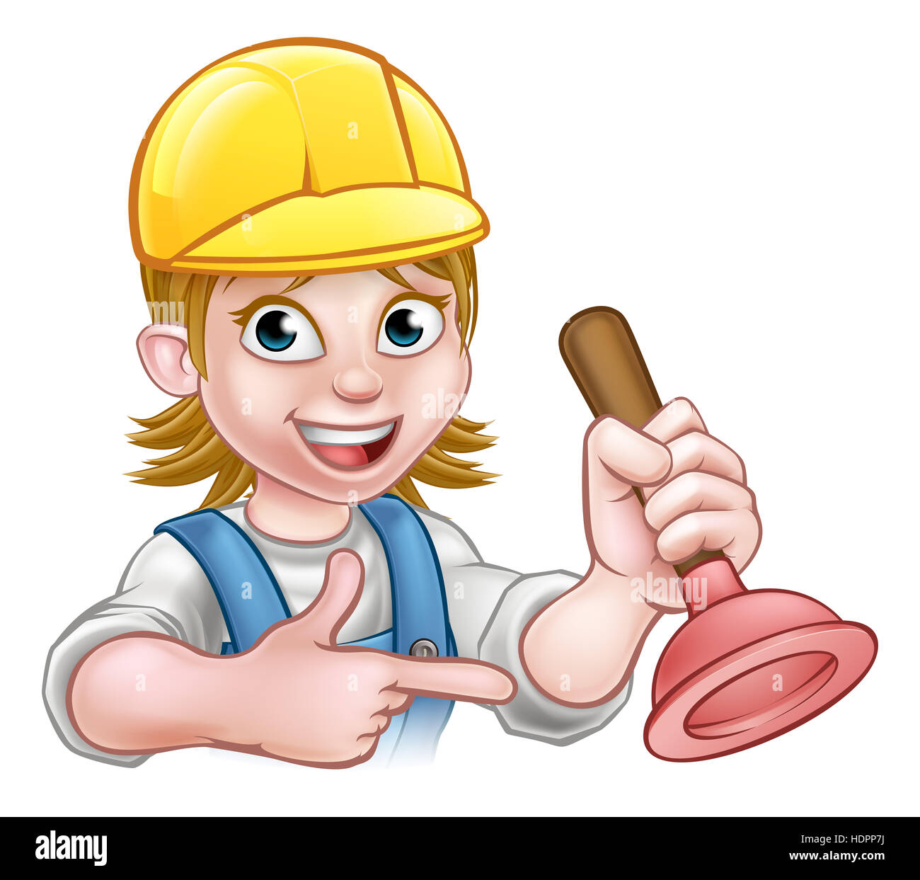 A plumber handyman cartoon character holding a plunger and pointing Stock  Photo - Alamy