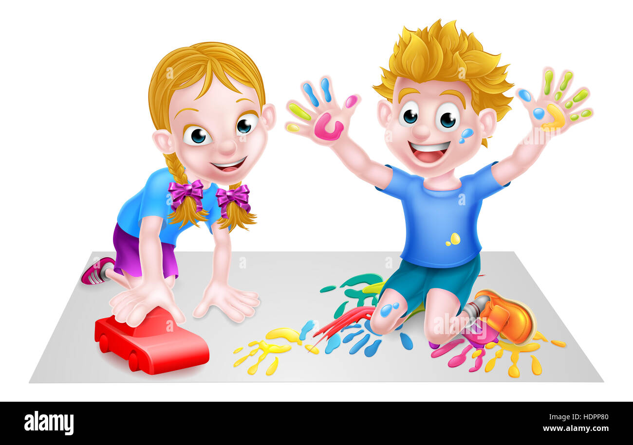 Cartoon boy and girl playing with toys, with paints and toy car Stock ...