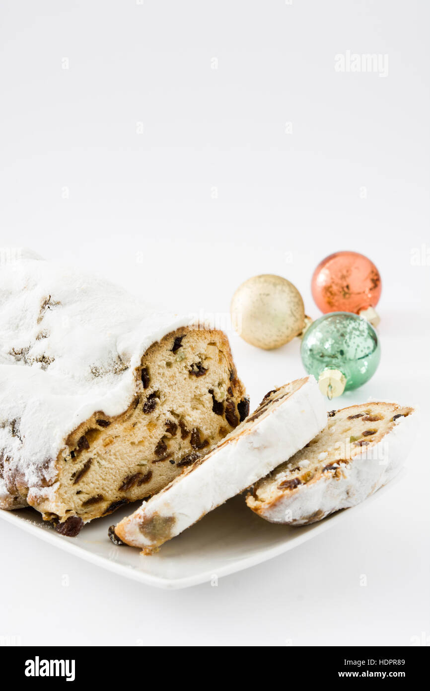 Christmas stollen. Traditional German Christmas dessert. Stock Photo