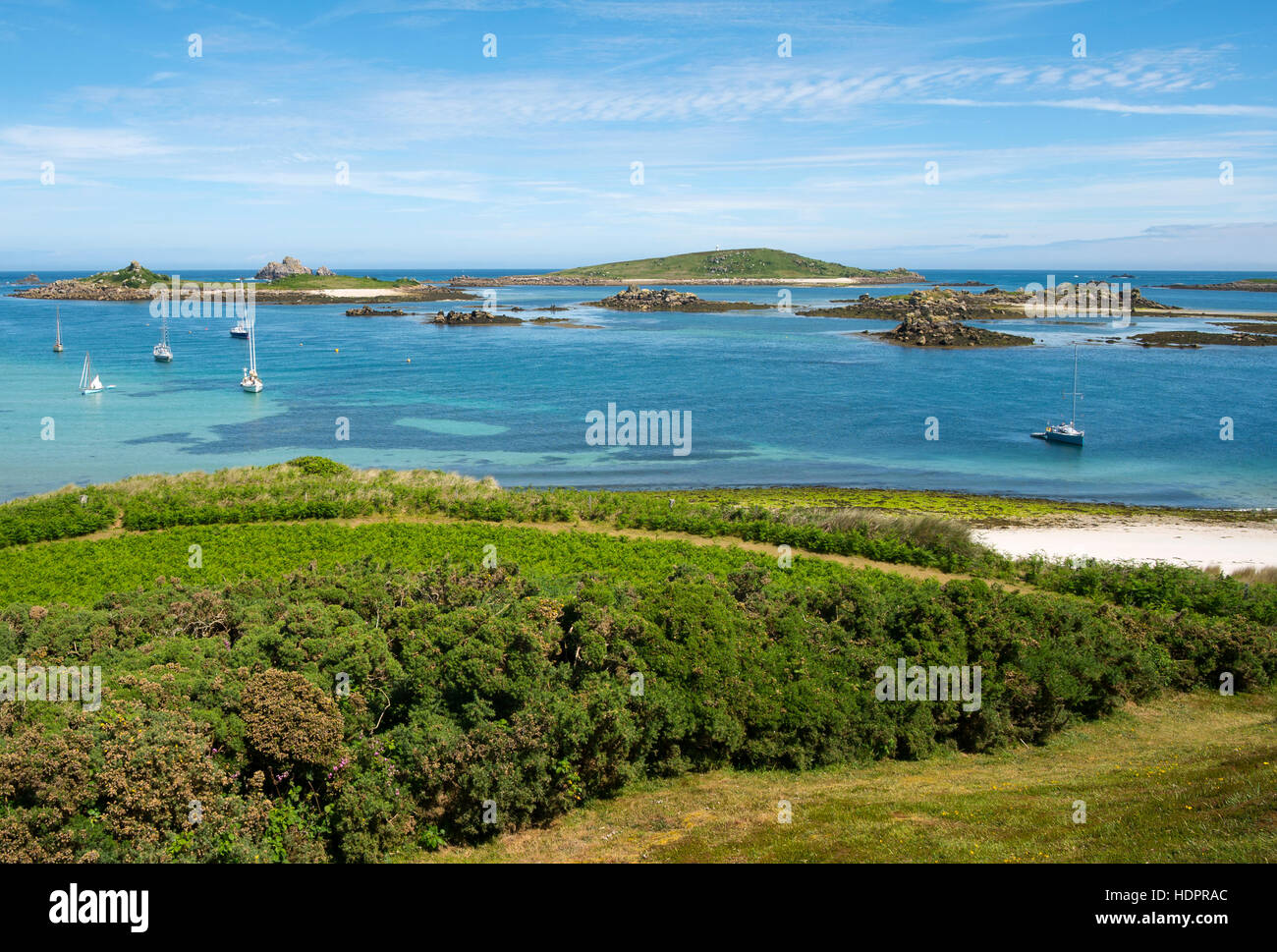 View from Blockhouse, Tresco Isles of Scilly. Islands include Northwethel, Men-a-Vaur, St. Helens Stock Photo