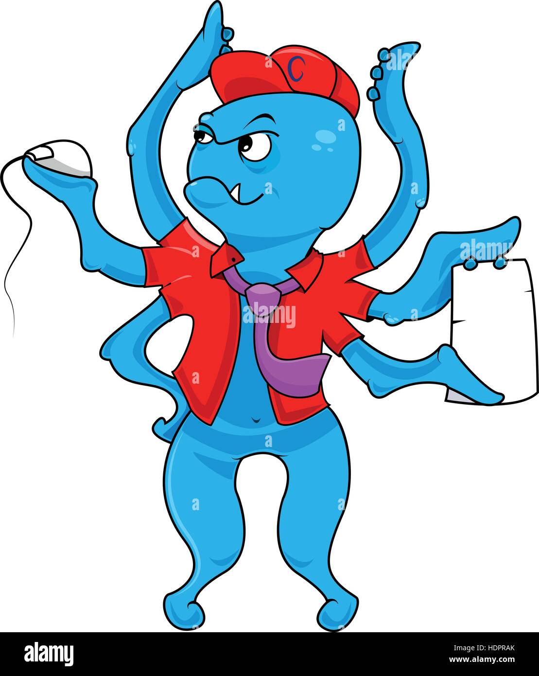 Isolated blue color octopus in red formal clothes logo. Marine creature with computer mouse.Cartoon character holding paper logotype. Kids toy icon. Multifunctional office manager.Vector illustration. Stock Vector