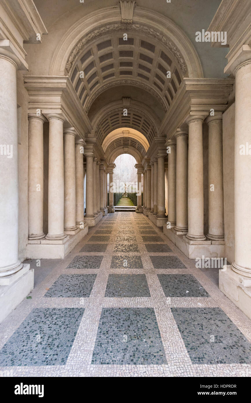 Rome. Italy. Forced perspective gallery by Francesco Borromini 17th C, Palazzo Spada. Stock Photo