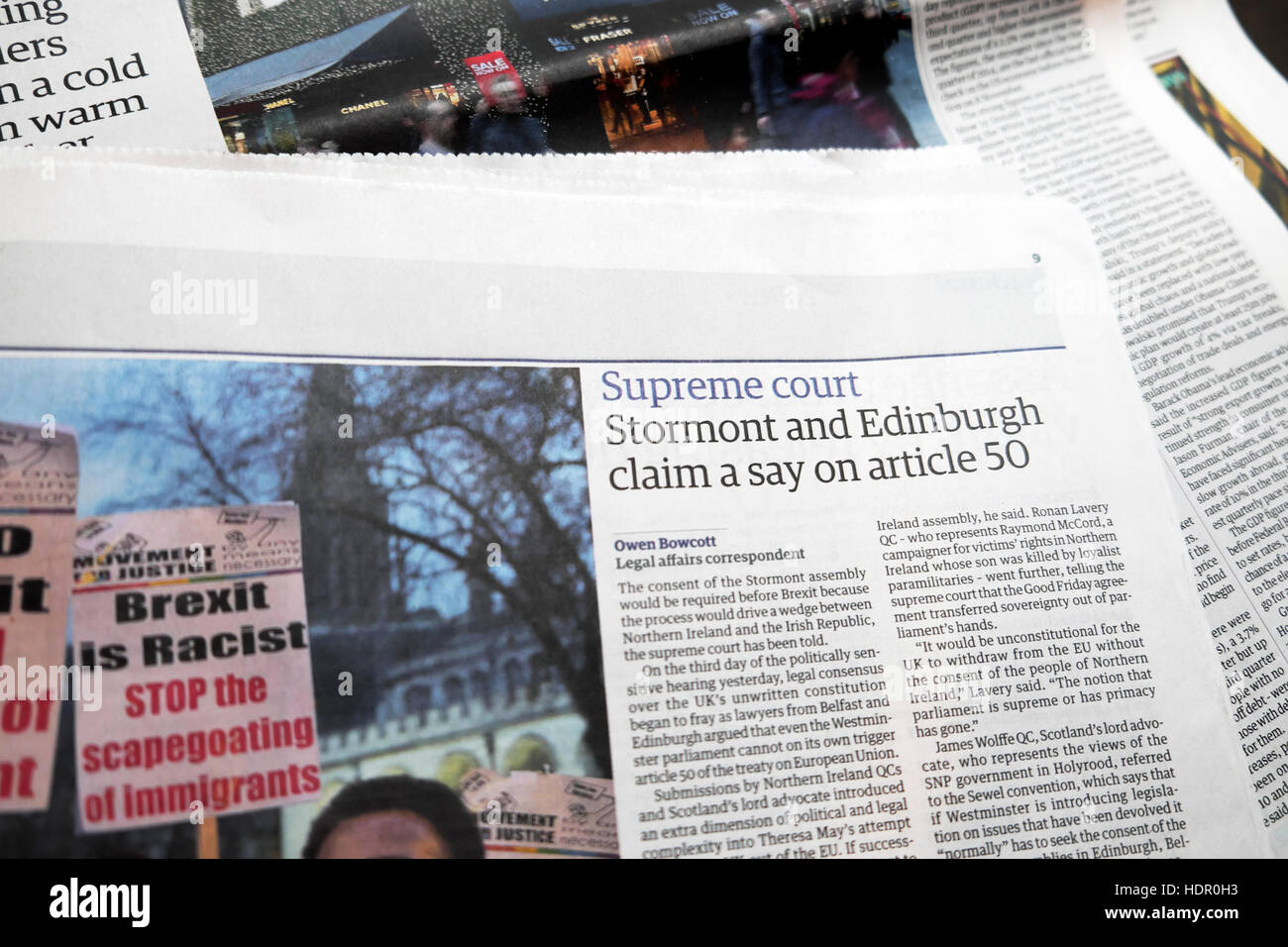 'Supreme Court Stormont and Edinburgh claim a say on Article 50'  2016 newspaper article headline in Guardian London UK Stock Photo