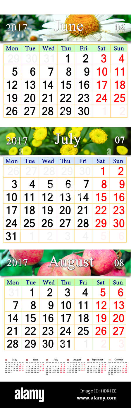 office calendar for three months June July and August 2017 with images of chamomile clematis and apples Stock Photo
