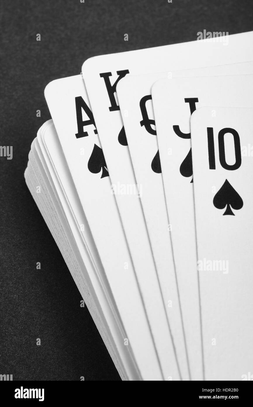 Poker card game with spade straight flush. Black and white. Vertical