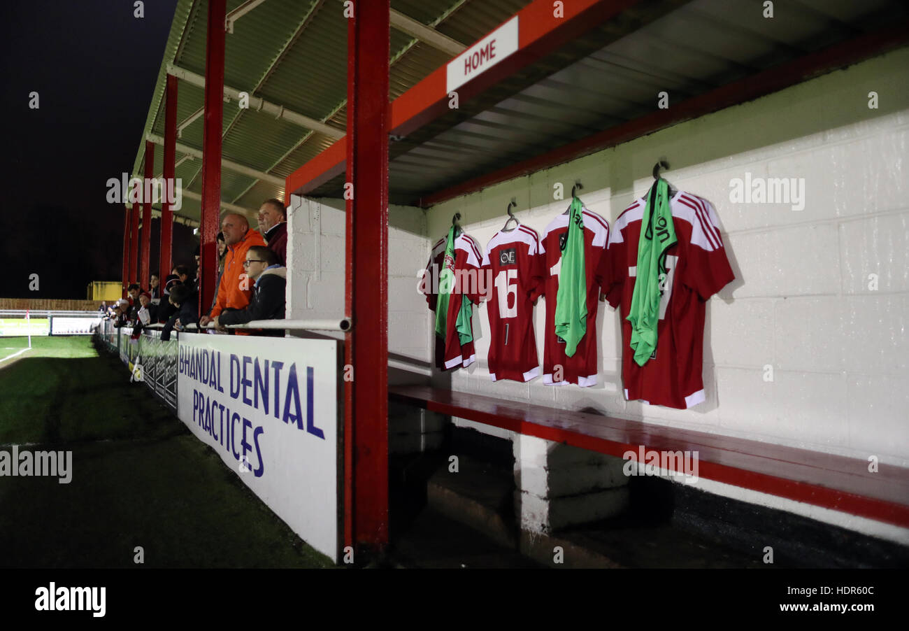 Substitutes shirts in the dug out before the Emirates FA Cup, Second Round Replay at The War Memorial Athletic Ground, Stourbridge. Stock Photo