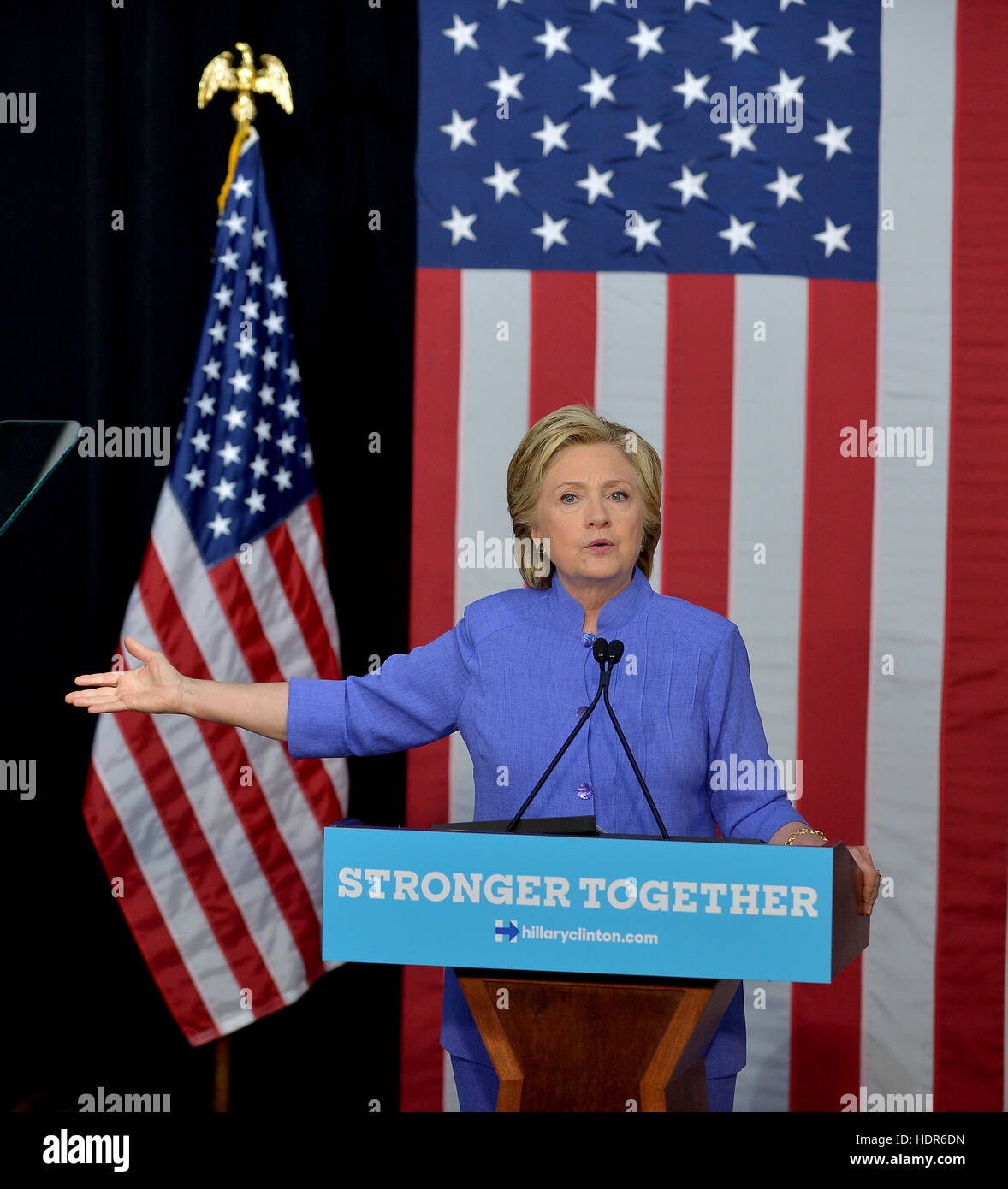 Democratic presidential nominee former Secretary of State Hillary Clinton speaks during a LBGT community in Unity Rally and Concert campaign event at The Manor Complex on October 30, 2016 in Wilton Manors, Florida. With less than nine day to go until elec Stock Photo