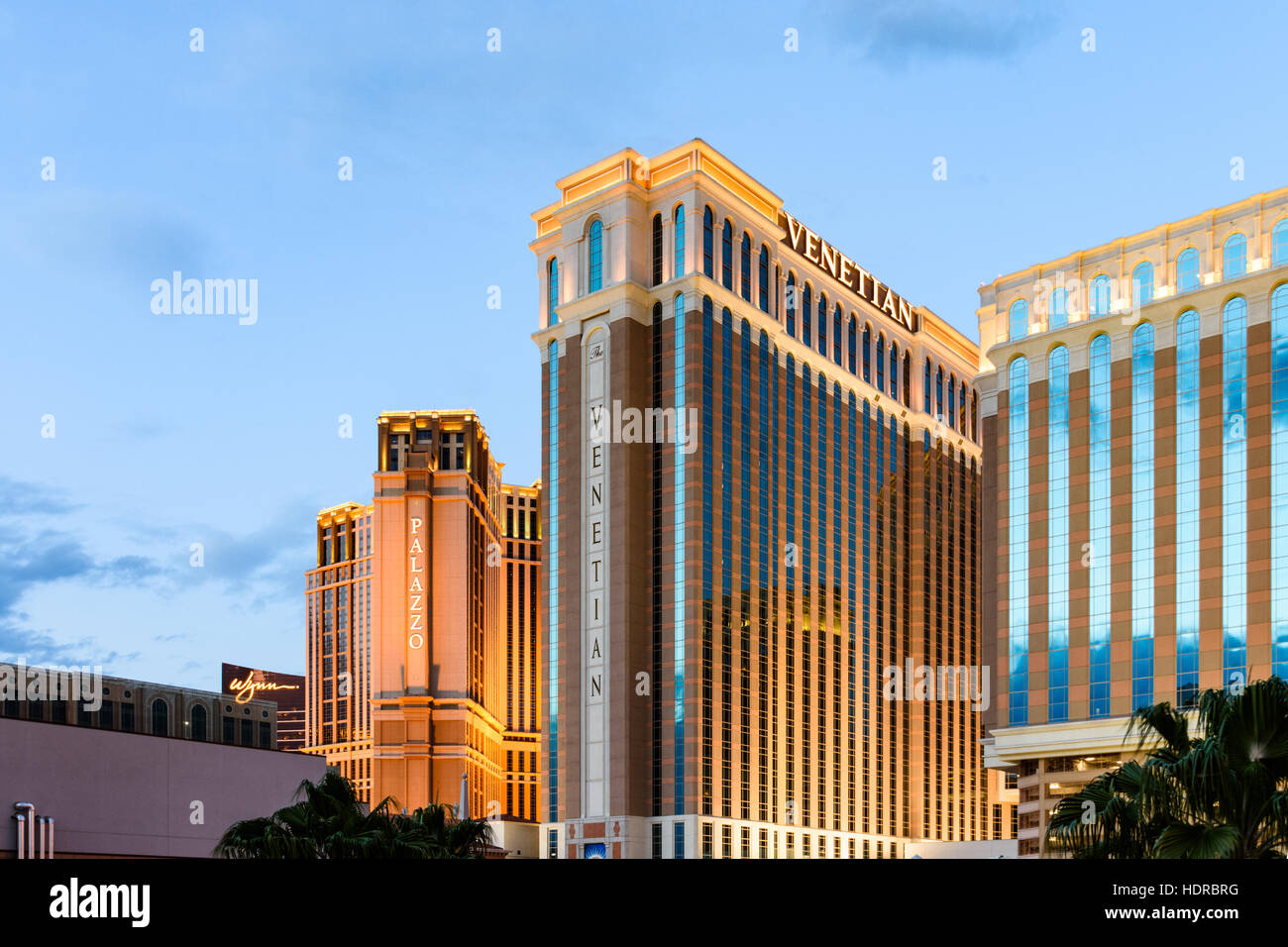 The Palazzo and Venetian hotels in Las Vegas lit with evening light Stock Photo