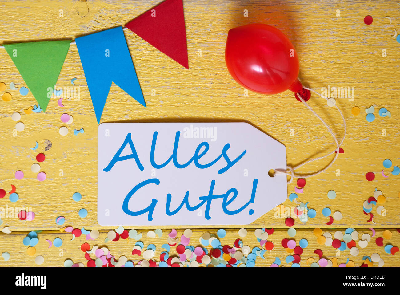 Party Label, Confetti, Balloon, Alles Gute Means Best Wishes Stock
