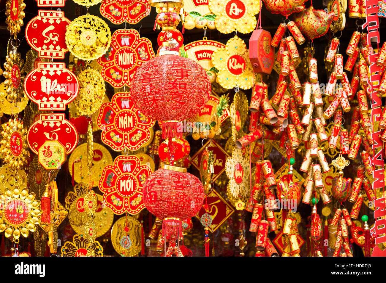 Red Chinese New Year decorations to celebrate the lunar new year of Tet in the Cholon area of Ho Chi Minh City, Vietnam. Stock Photo