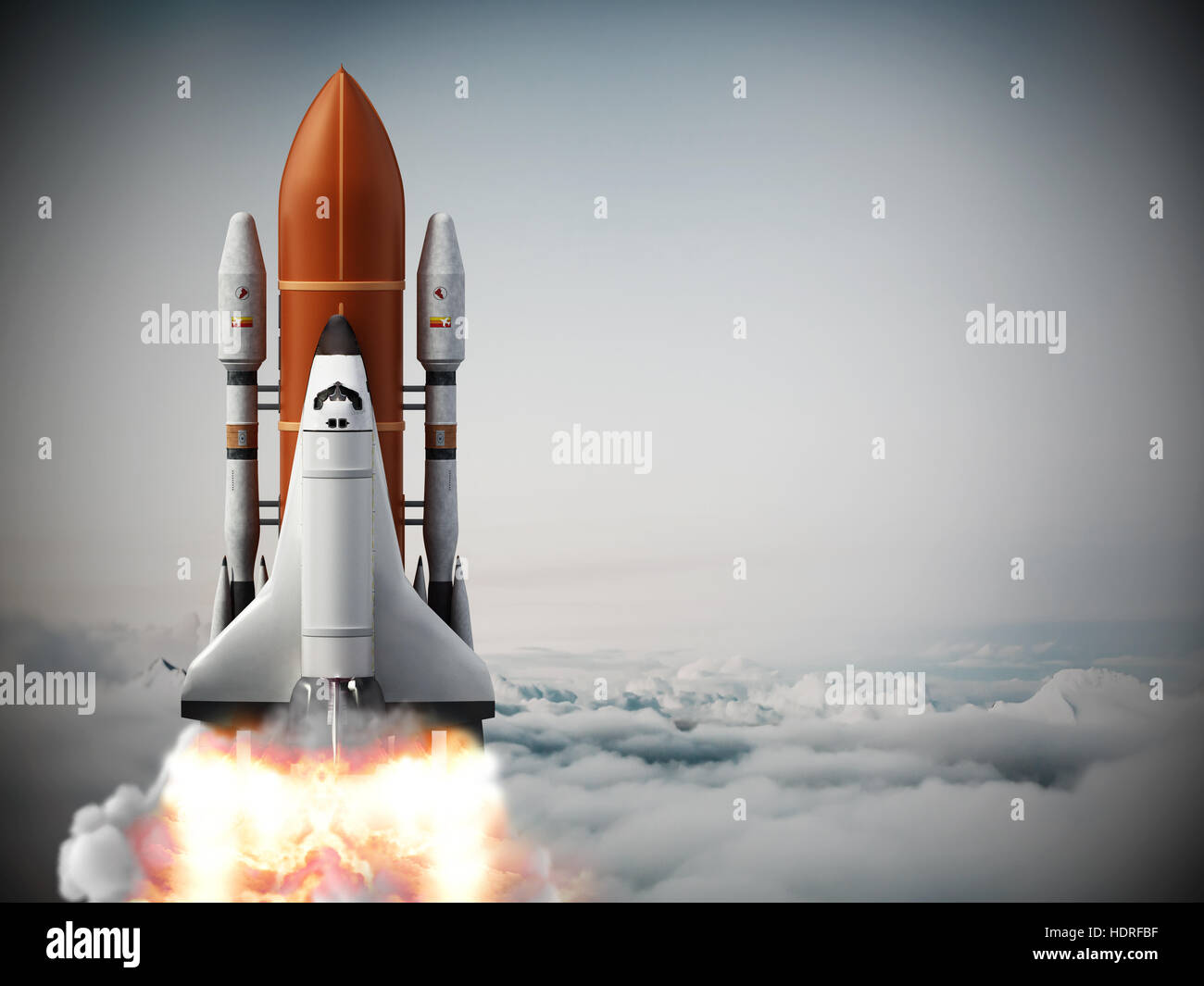 Rocket carrying space shuttle launches off. 3D illustration. Stock Photo