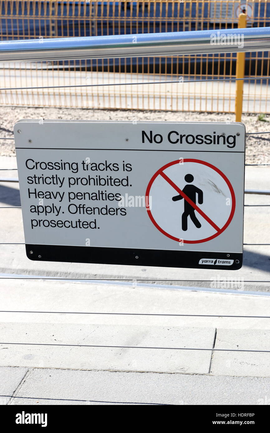 No crossing on tram tracks warning sign Stock Photo