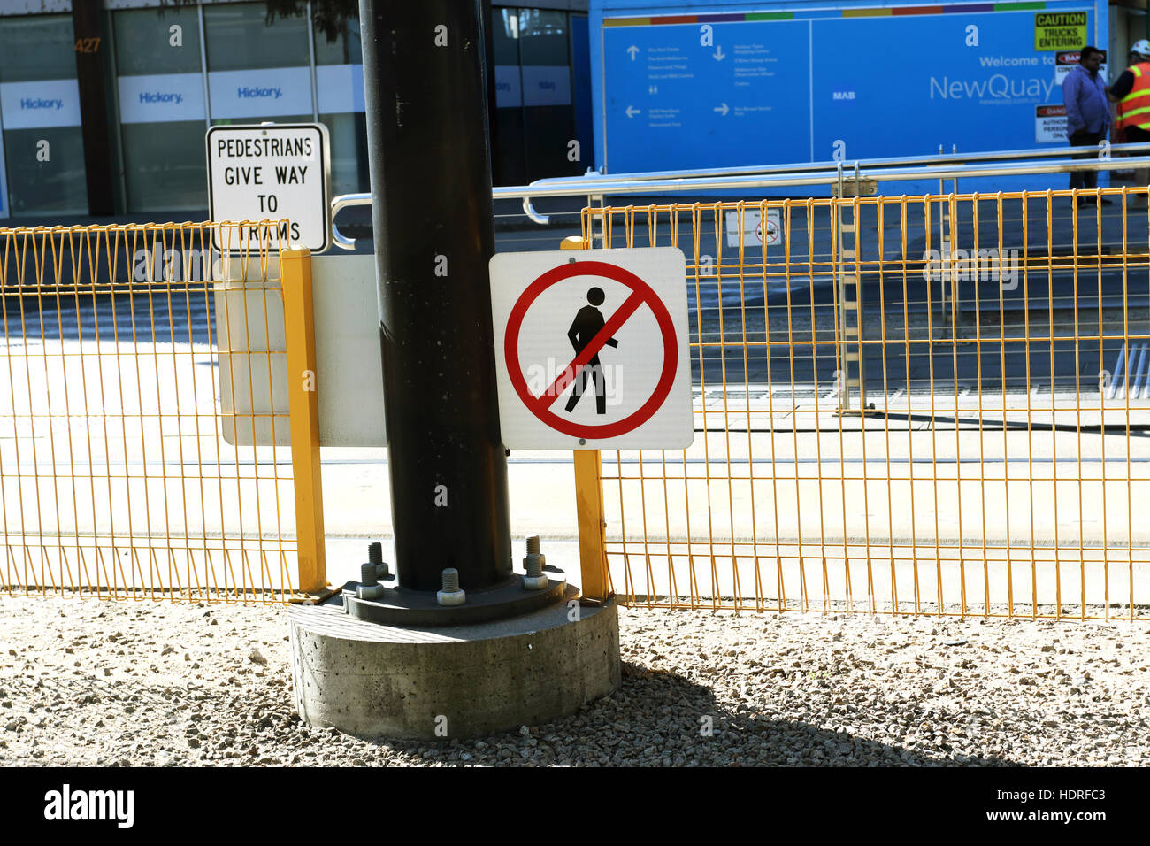 No crossing on tram tracks warning sign Stock Photo