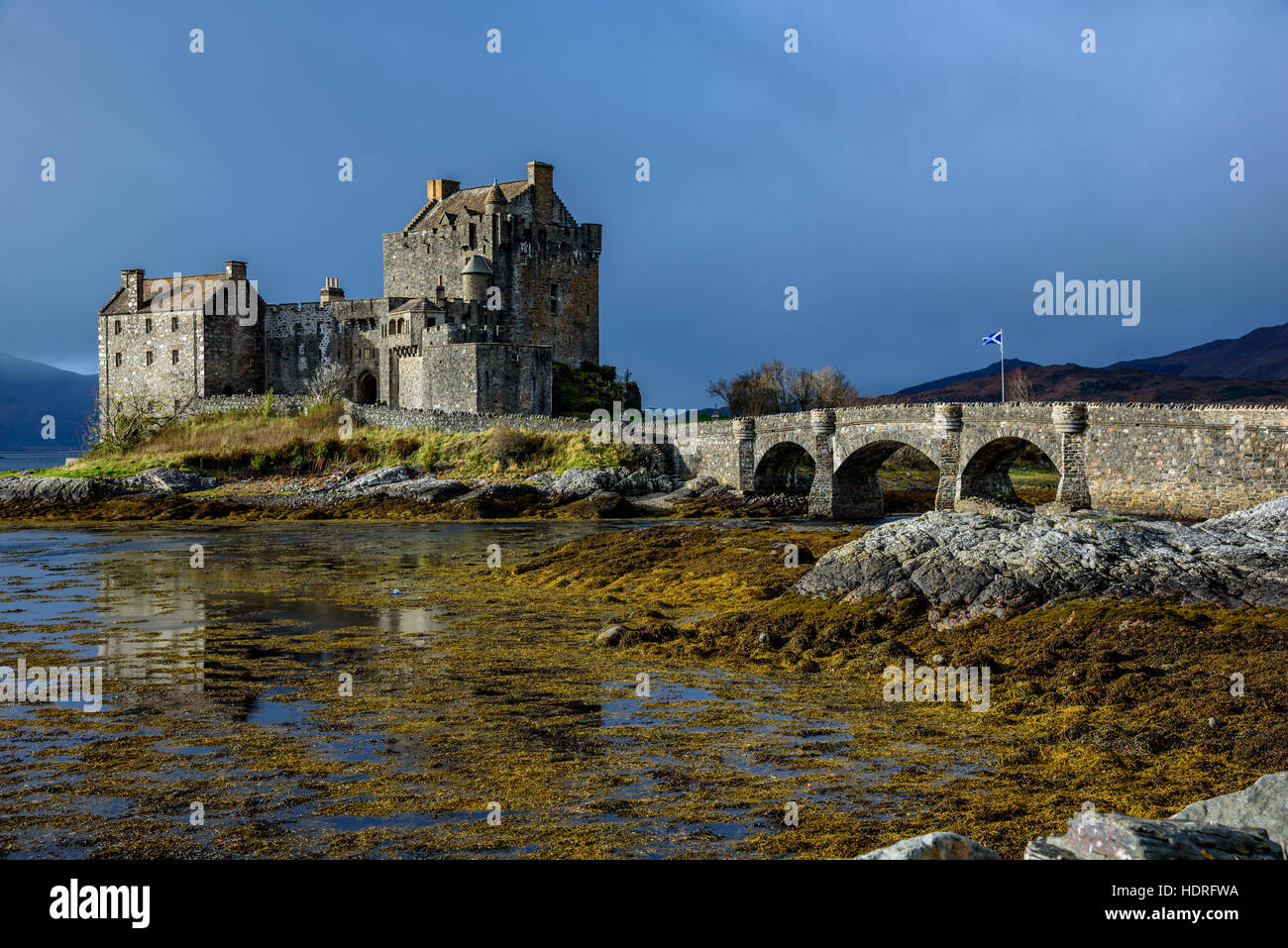 Eilean Donan Castle, Scotland - breathtaking panoramic images of this iconic location on a rare beautiful day Stock Photo