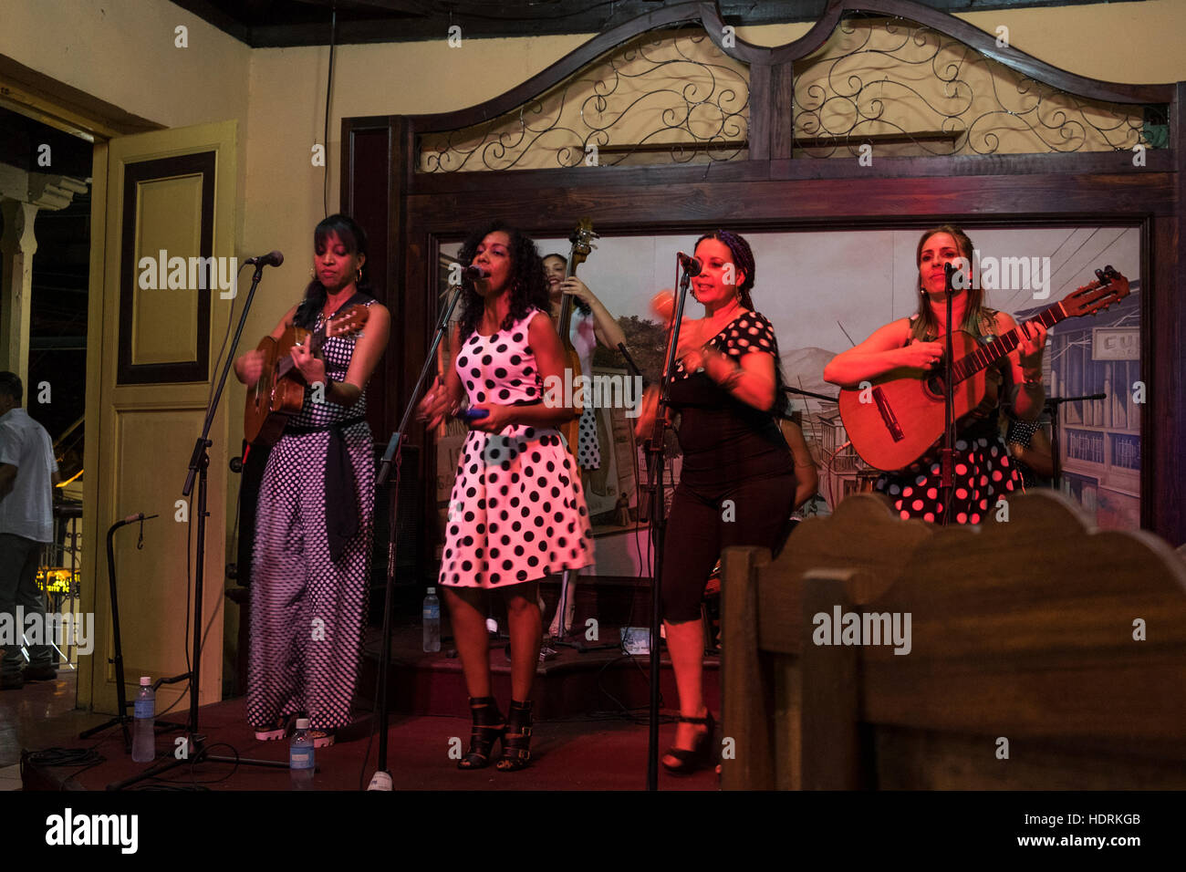 Girl band playing on stage at the Casa de la Trova, Santiago de Cuba, Cuba Stock Photo
