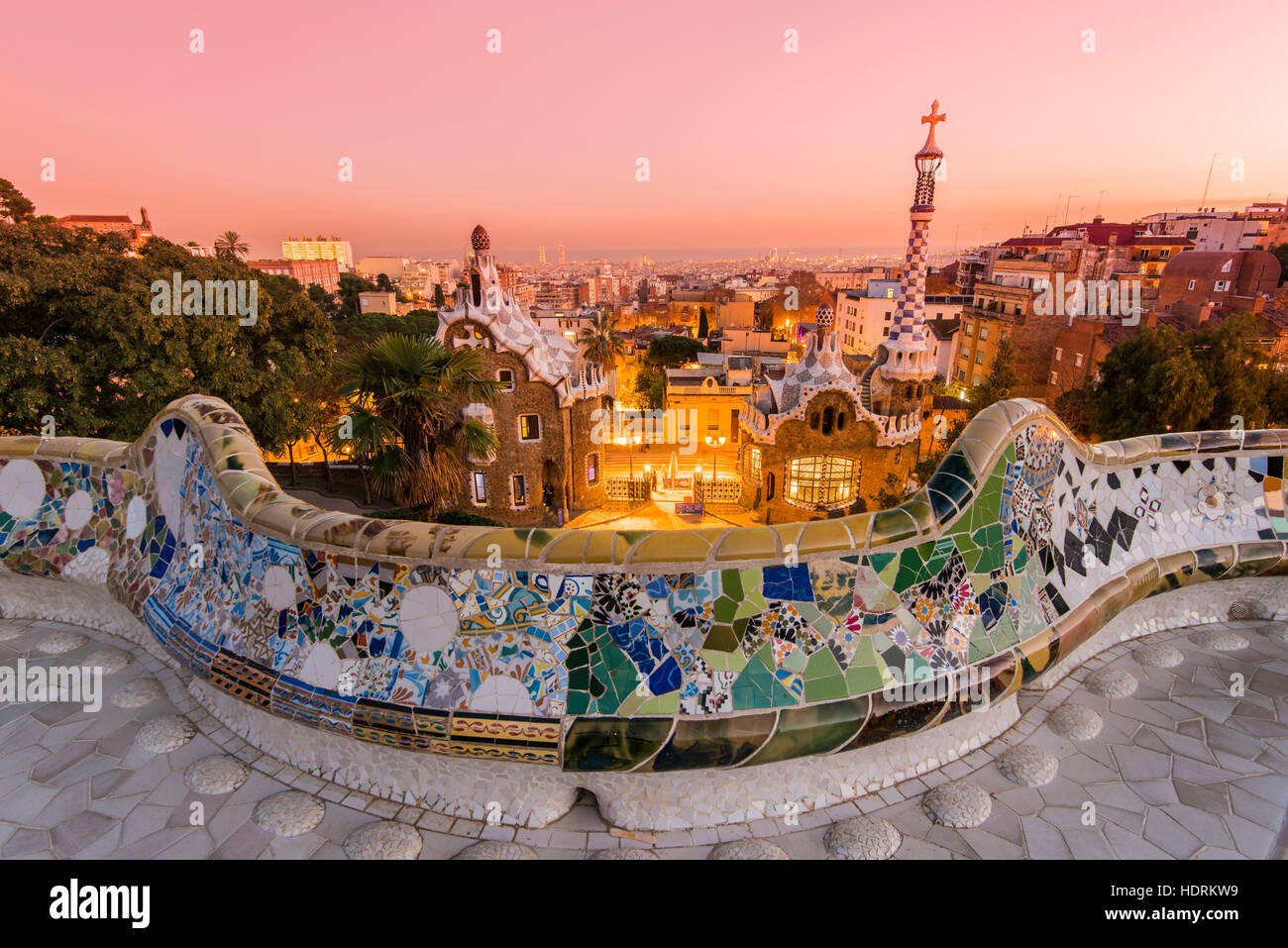 Park Guell with city skyline behind at sunset, Barcelona, Catalonia, Spain Stock Photo