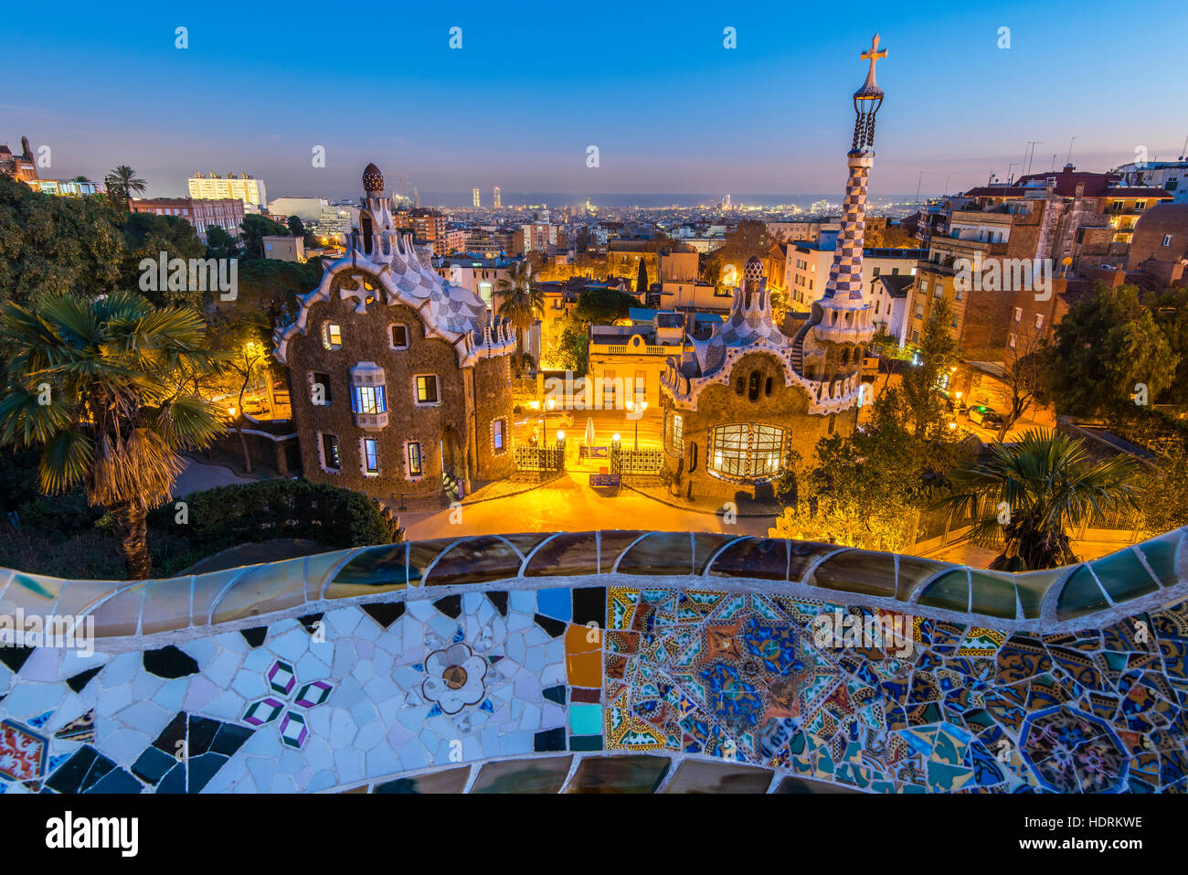 Night view of Park Guell with city skyline behind, Barcelona, Catalonia, Spain Stock Photo