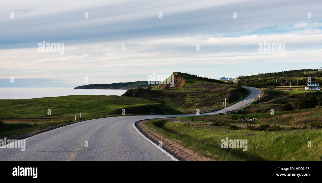Road along the Atlantic coastline, Cape Breton Island; Belle Cote, Nova Scotia, Canada Stock Photo