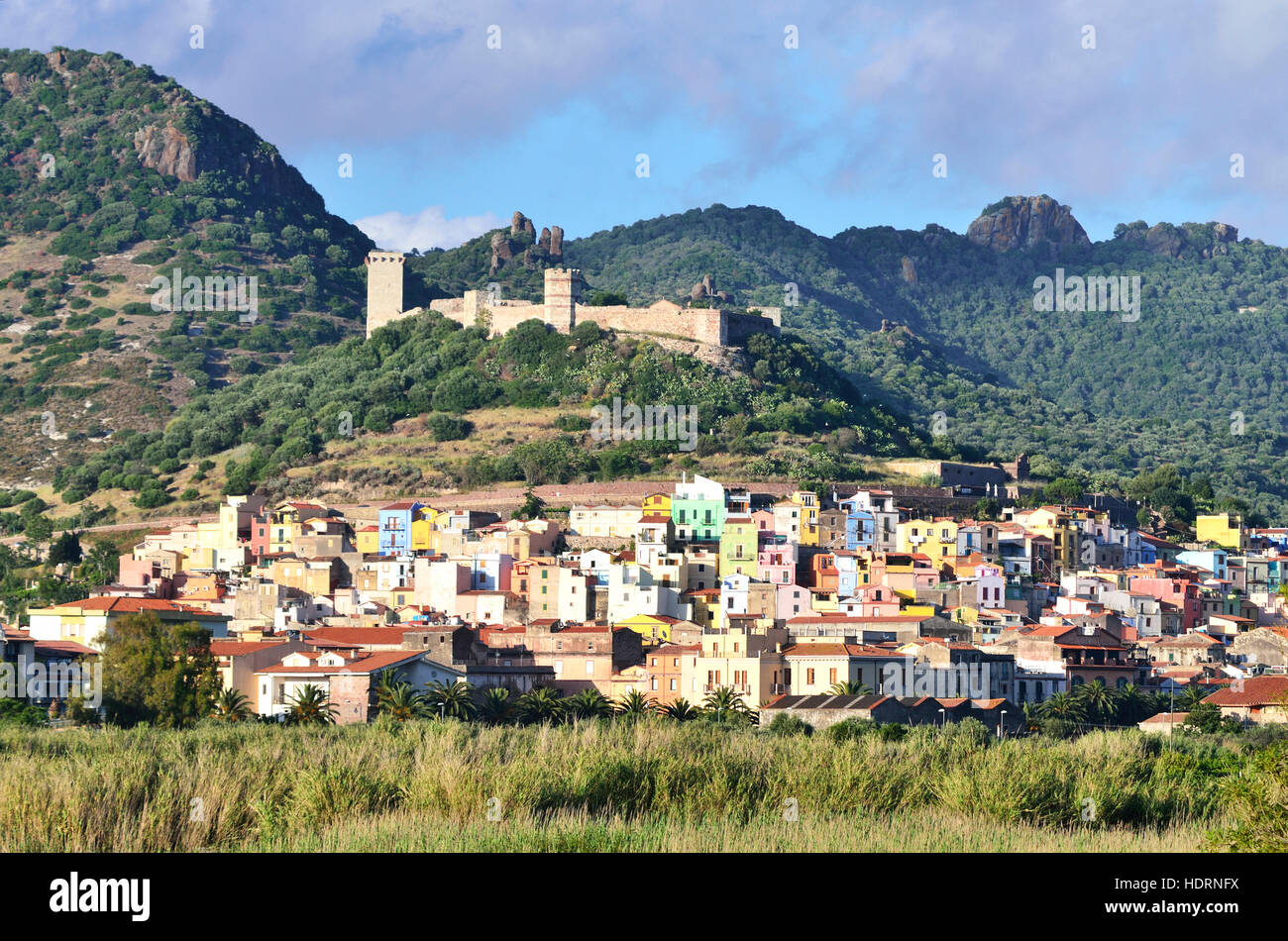 View of Bosa and the city castle; Bosa, Oristano province, Sardinia, Italy Stock Photo