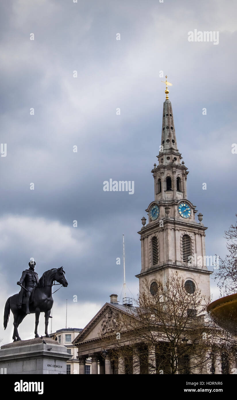 Statue of King George IV in front of St Martin-in-the-Fields Church in Trafalgar Square, Westminster; London, England Stock Photo