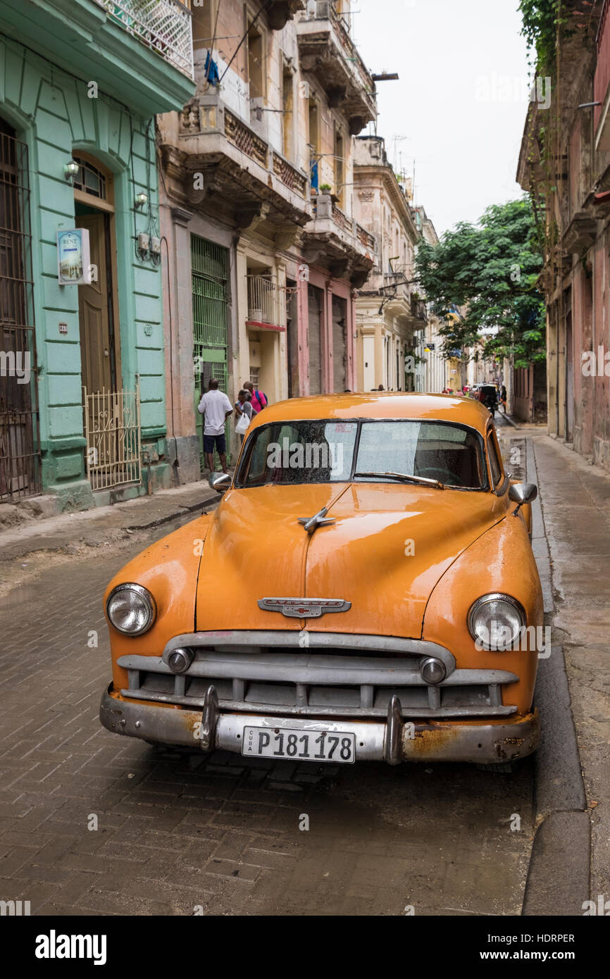Old 1950s Chevrolet car on Sol street, La Havana, Cuba. Stock Photo