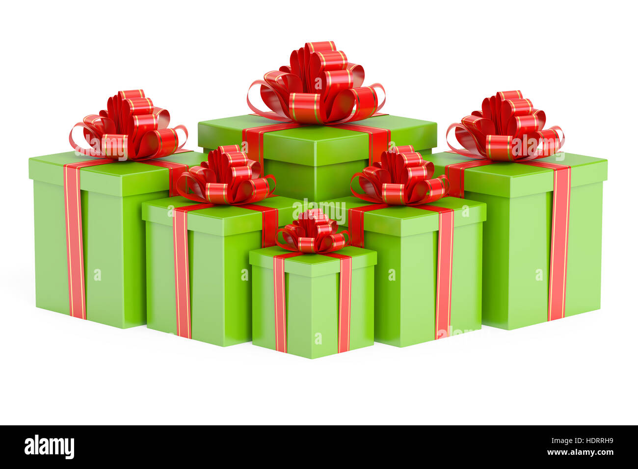 Green gift boxes with red ribbon and bow, 3D rendering isolated on ...