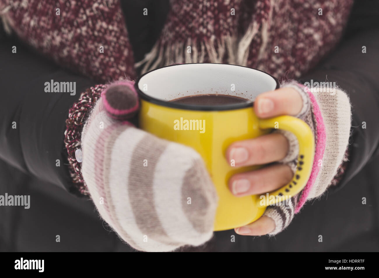 Download Woman Holding Yellow Mug Of Hot Chocolate Outdoors On Winter Day Stock Photo Alamy PSD Mockup Templates