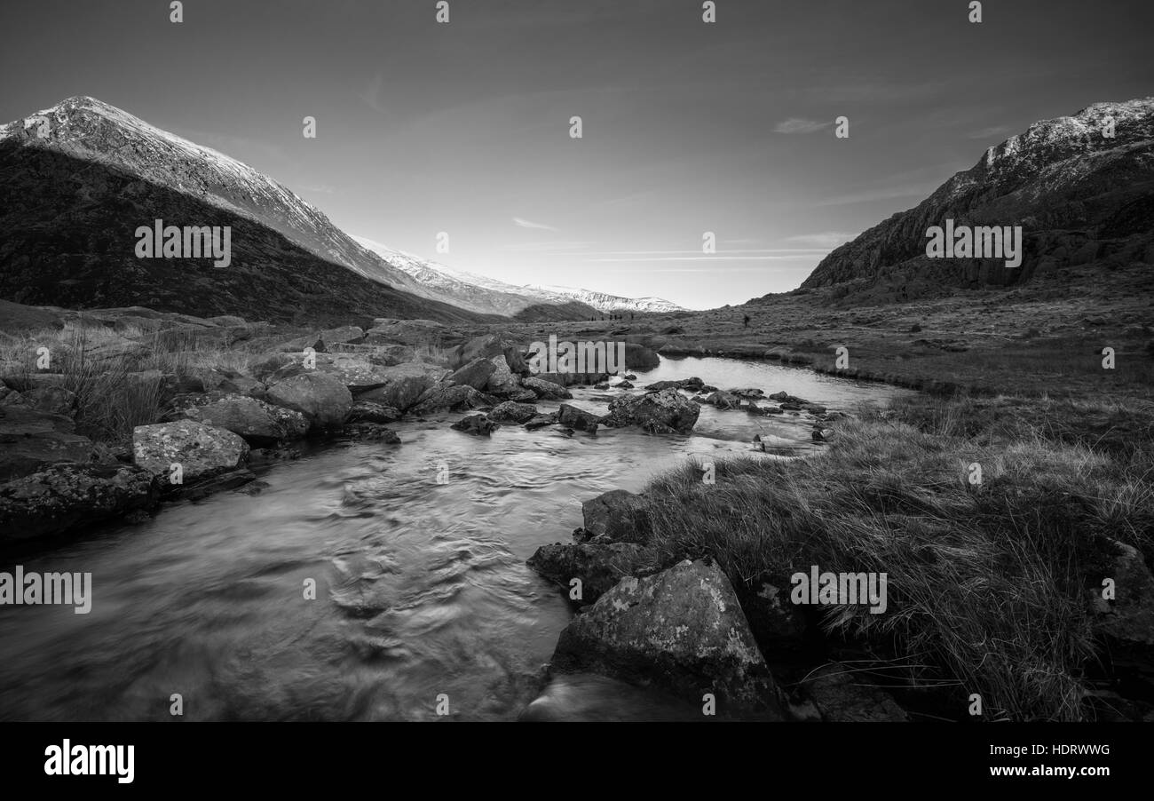 Black and White Landscape of Snowdonia in Early Winter Stock Photo