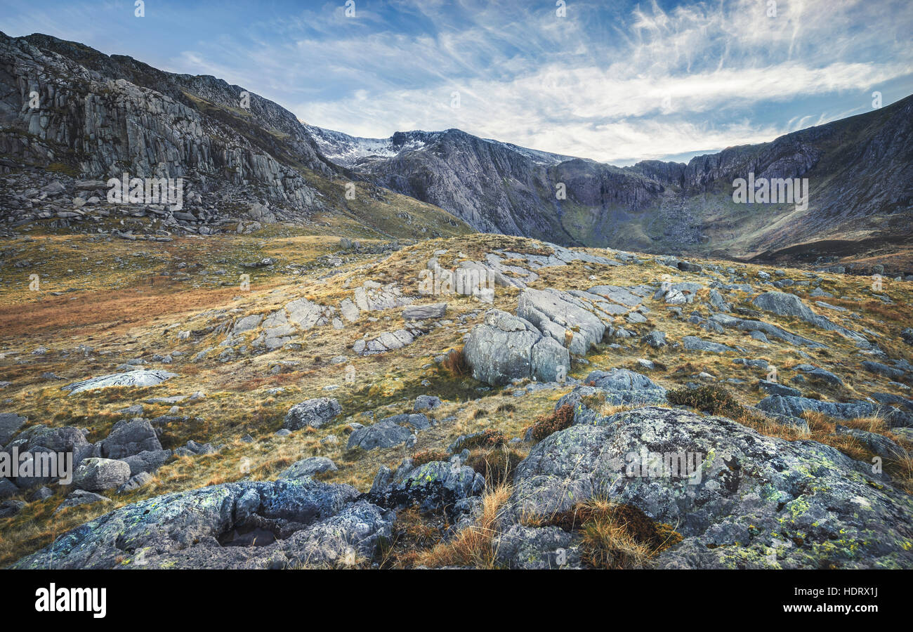 Scenic Cwm Idwal Hanging Valley in the Glyderau Mountains Stock Photo