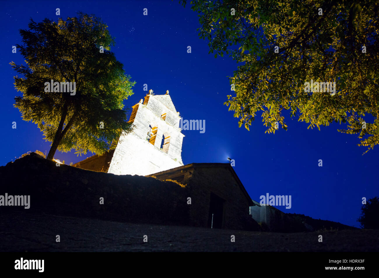 Night view of the Church of San Julian in Las Herrerias, Vega de