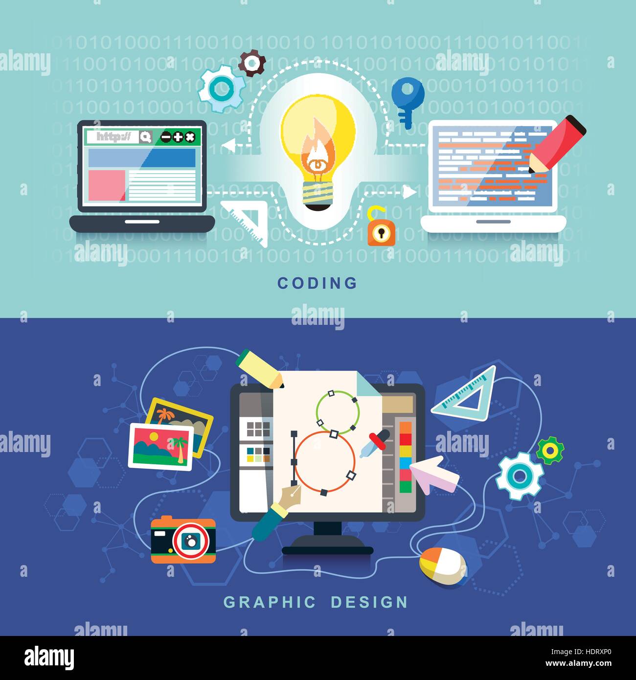 flat design concept of graphic design and coding Stock Vector Image ...