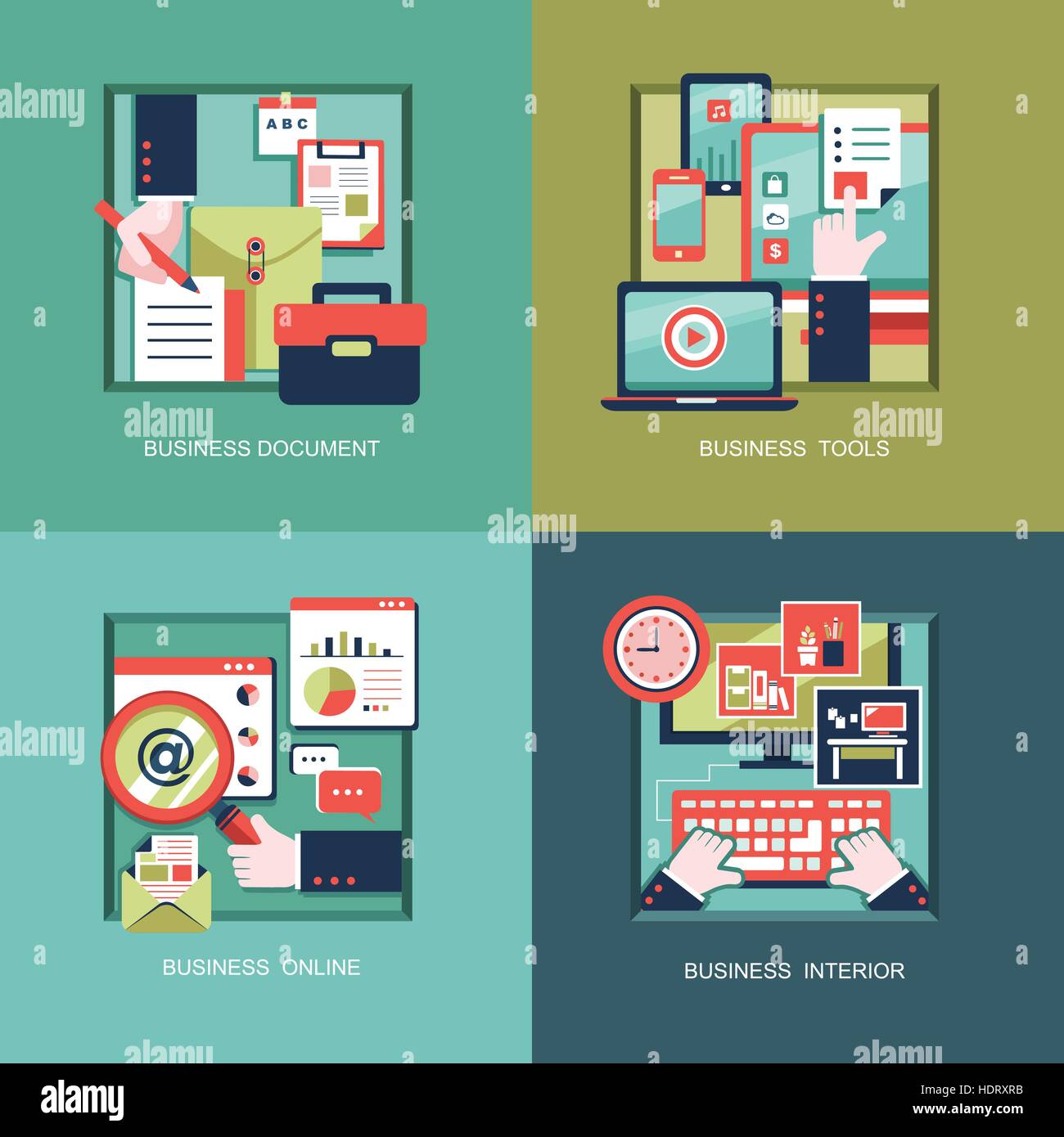 icons for business tools, interior, business online, documents in flat ...