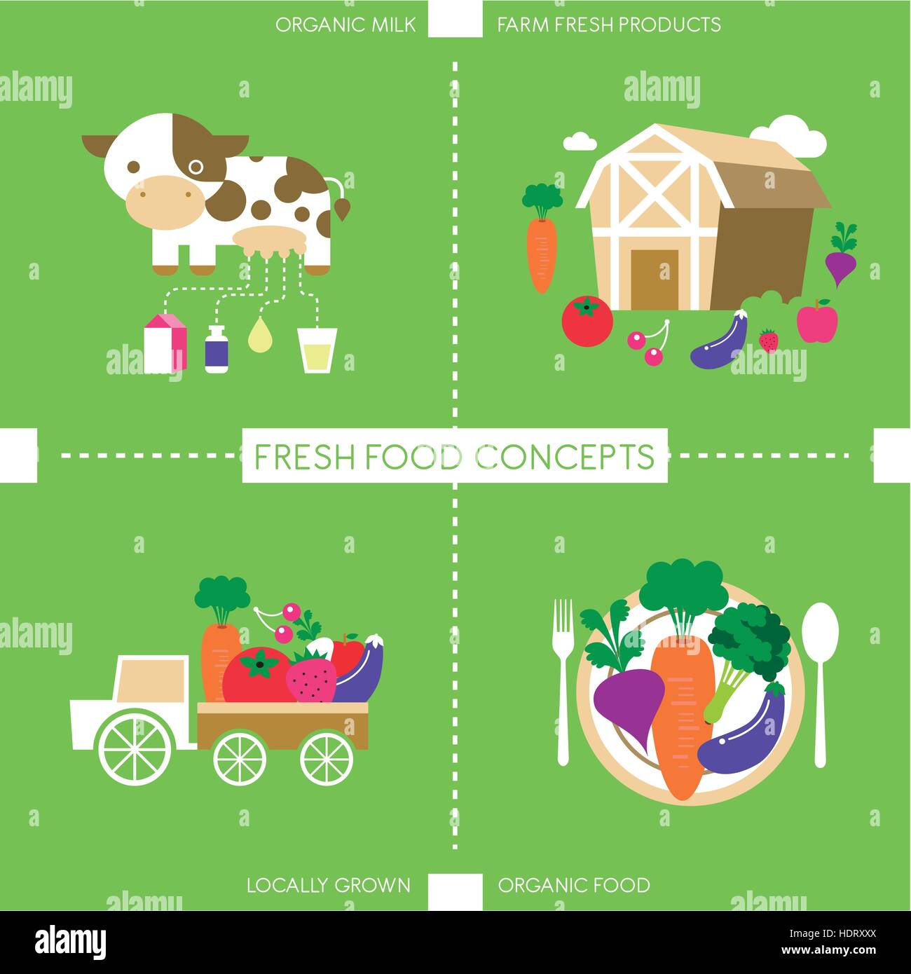 set of flat design concept icons for organic food and drink Stock ...